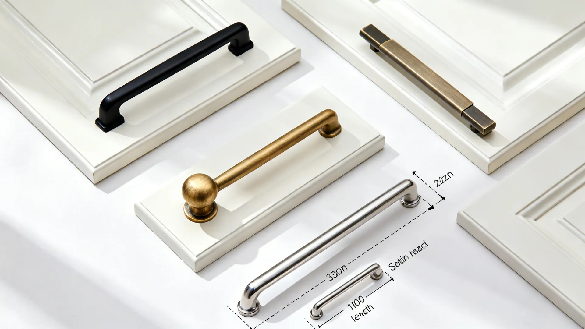 Top-down view of white cabinet fronts with black, brass, and stainless hardware options.