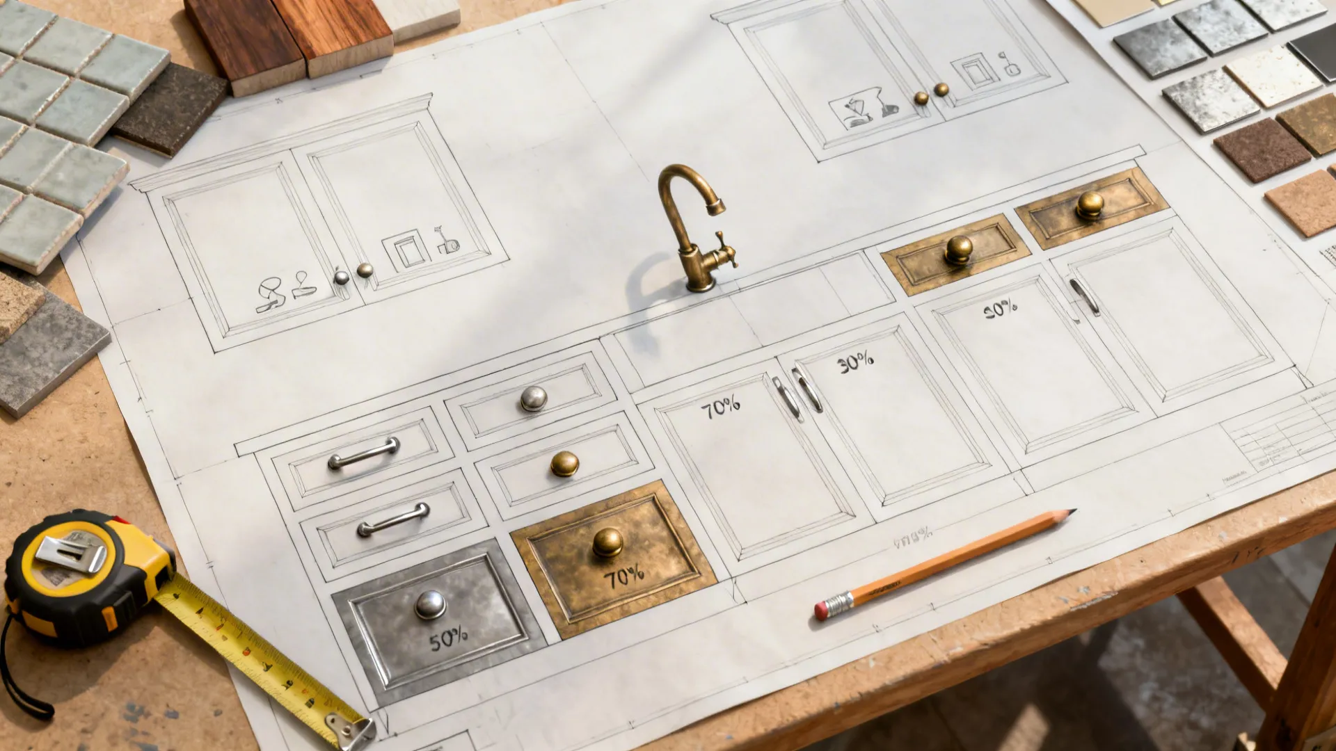 Top-down planning board showing zones for brushed nickel pulls and aged brass knobs.