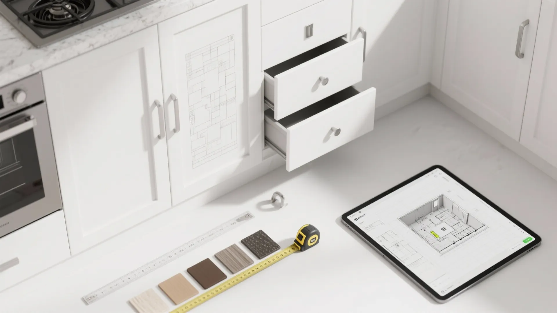 Kitchen cabinet design showing white doors open drawers measuring tape and floor plan on tablet