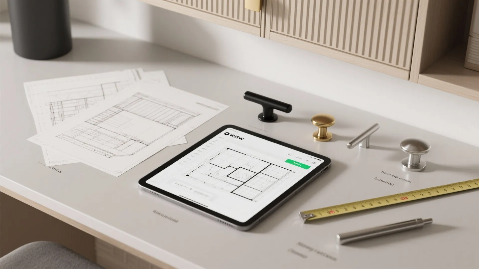 Desk with tablet showing floor plan plus sketches and various cabinet handles and a tape measure