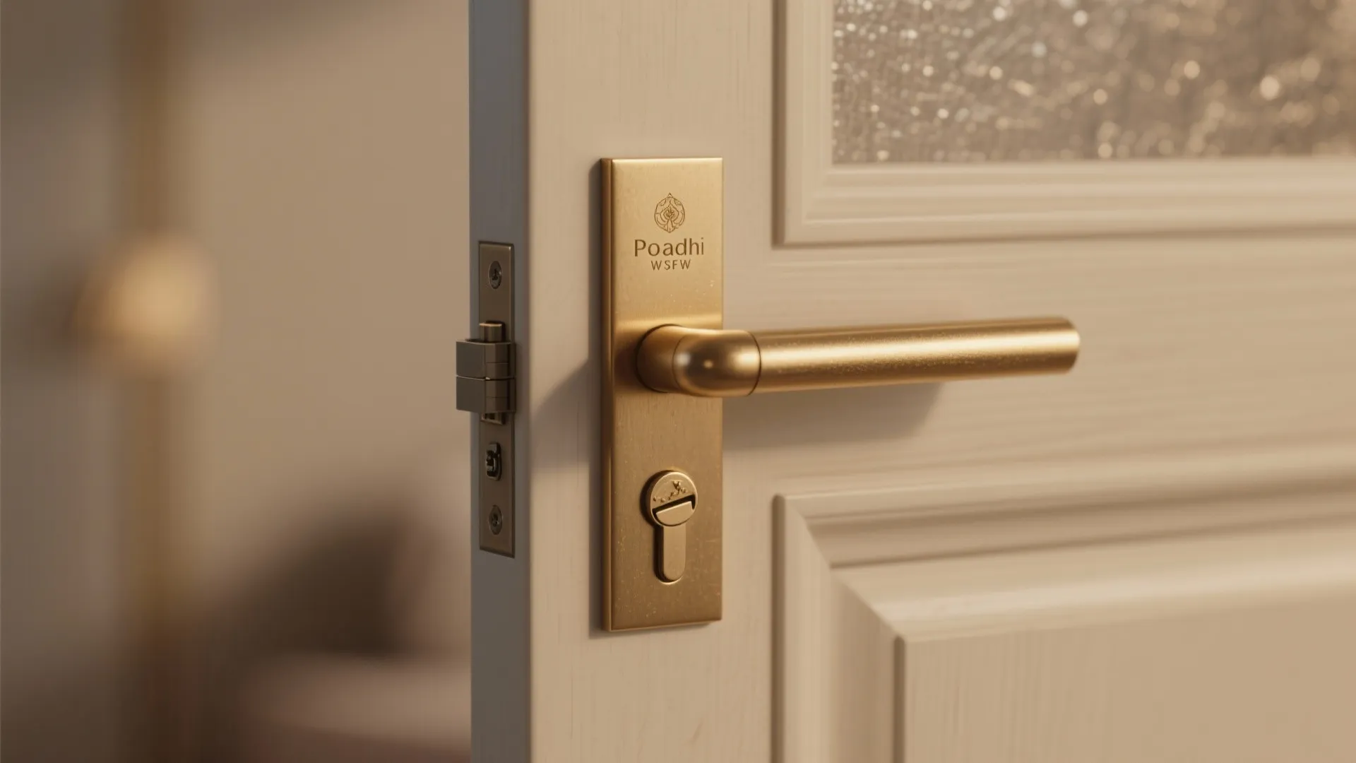 Macro of brushed brass edge pull, soft-close hinge, magnetic catch, and sheer inset detail.
