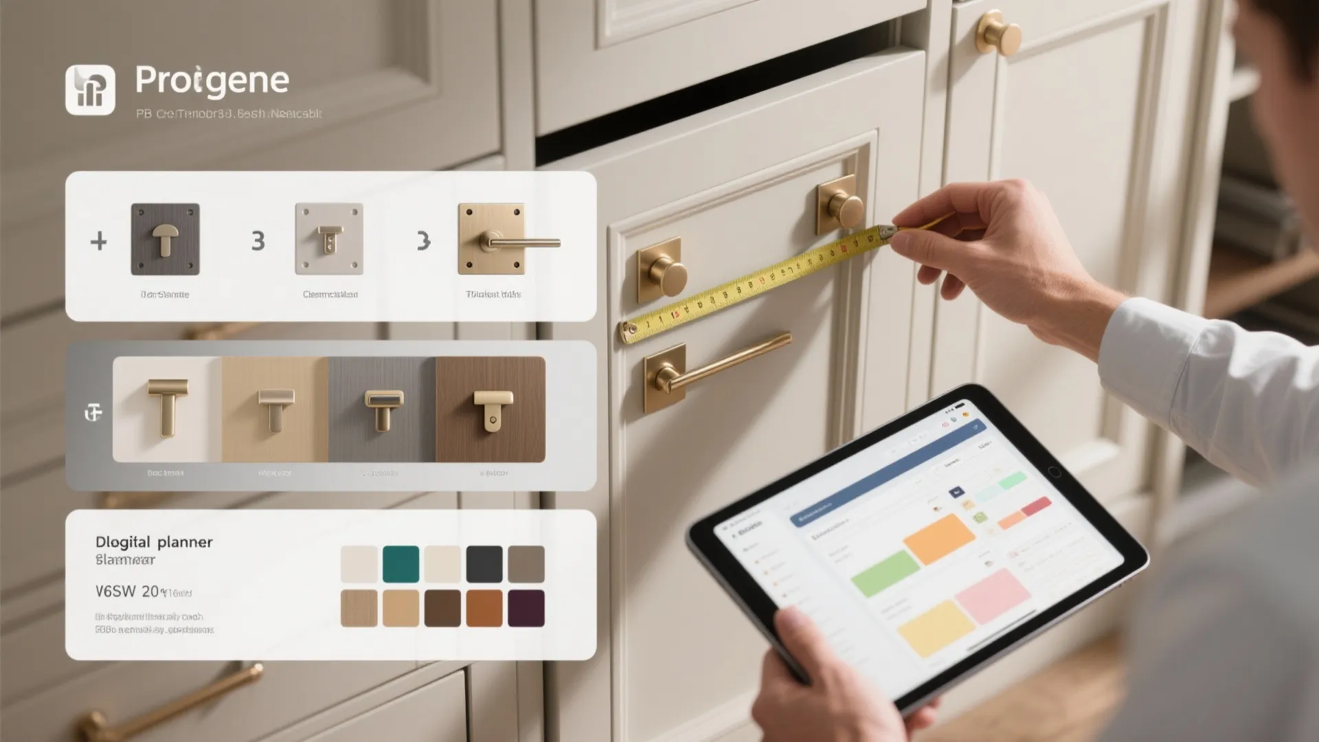 Step-by-step flatlay showing measuring, testing hardware and using a digital planner