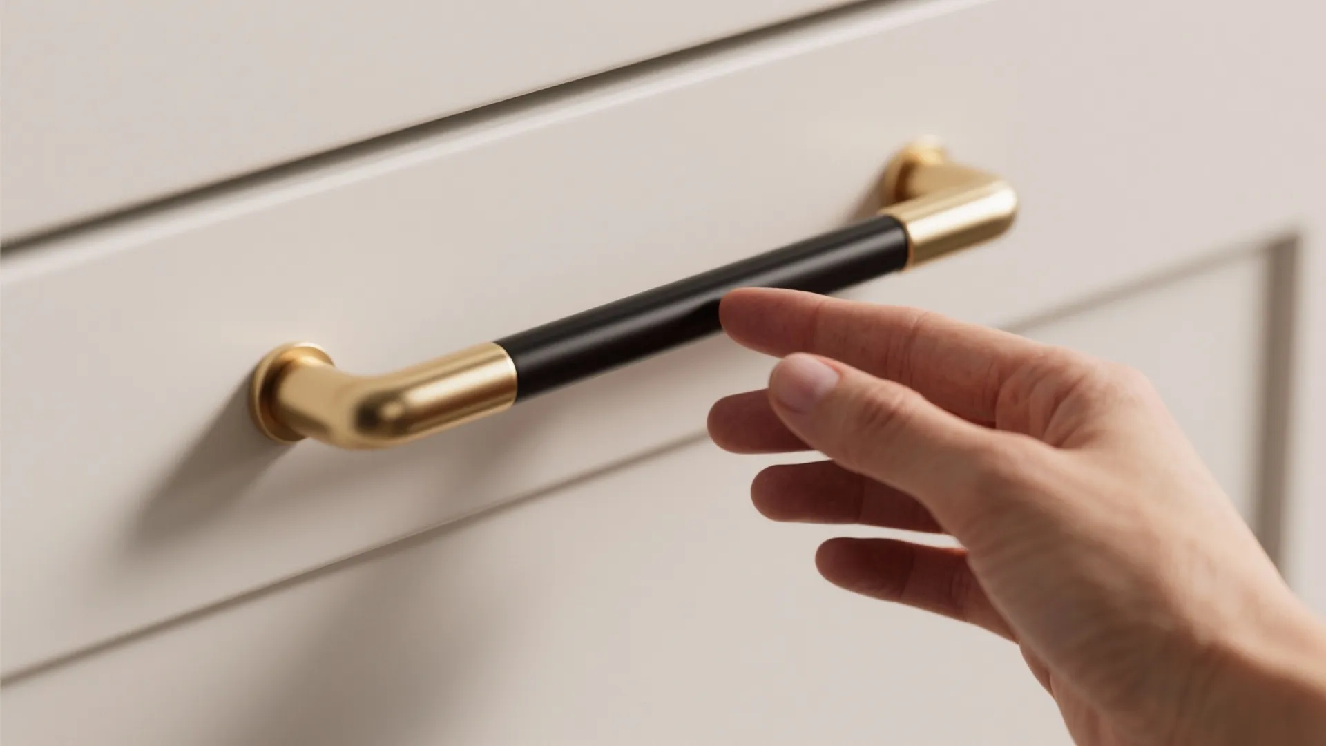 Slim brass and matte black tubular pulls on white cabinet doors