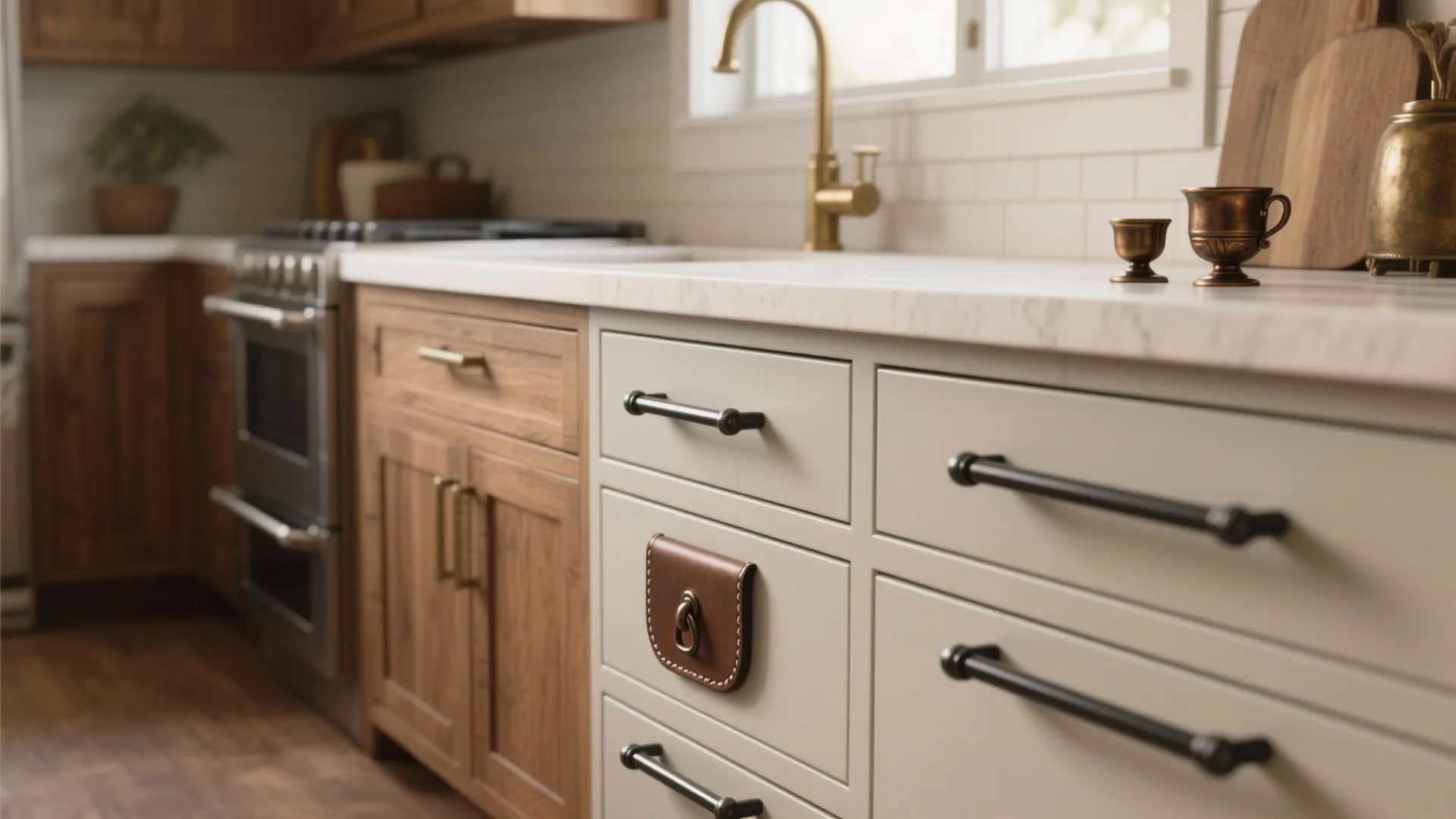 Modern kitchen with white and wood cabinets featuring long black handles and gold water tap