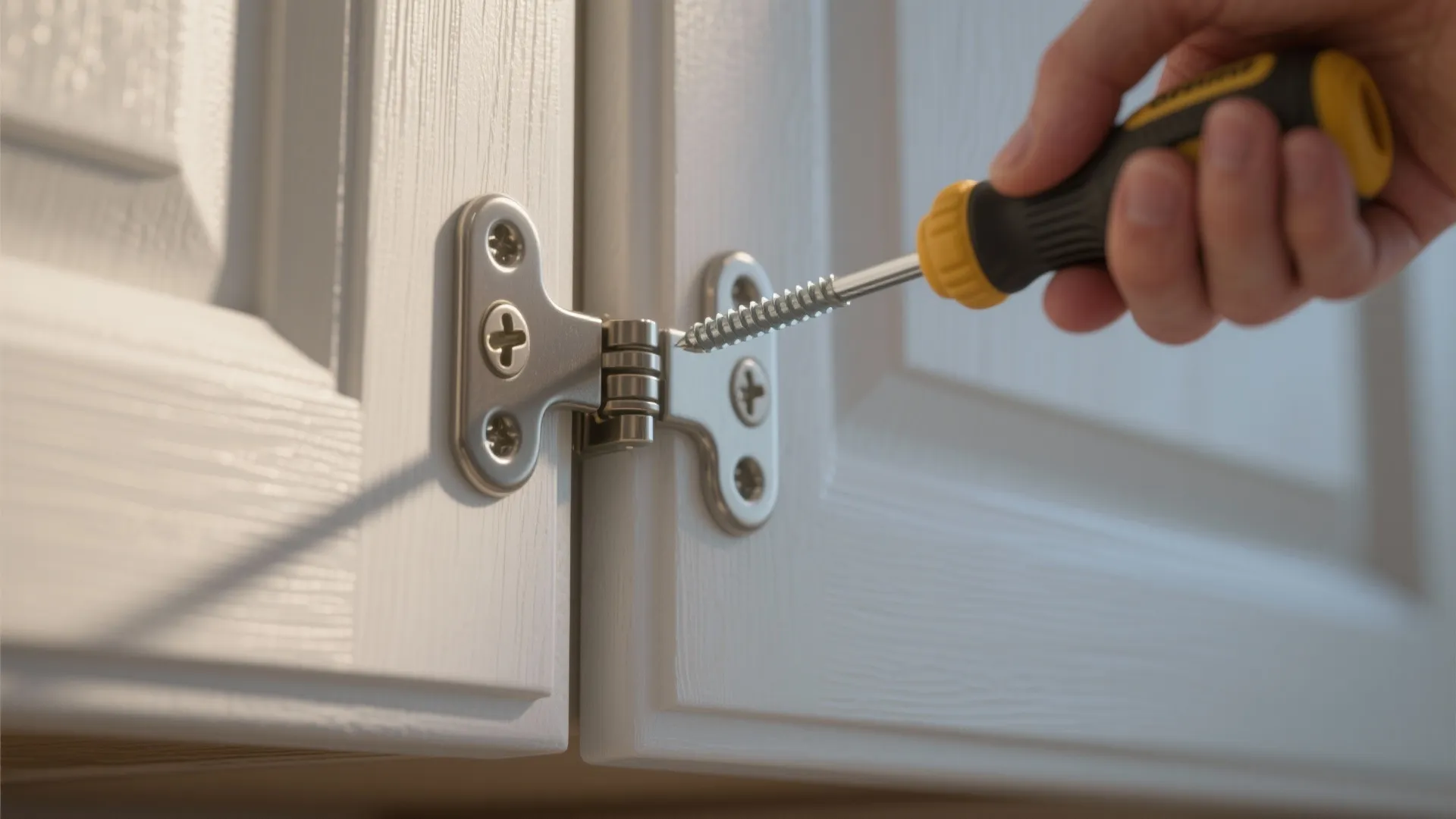 Close up of a hand using a screwdriver to fix a metal hinge onto white