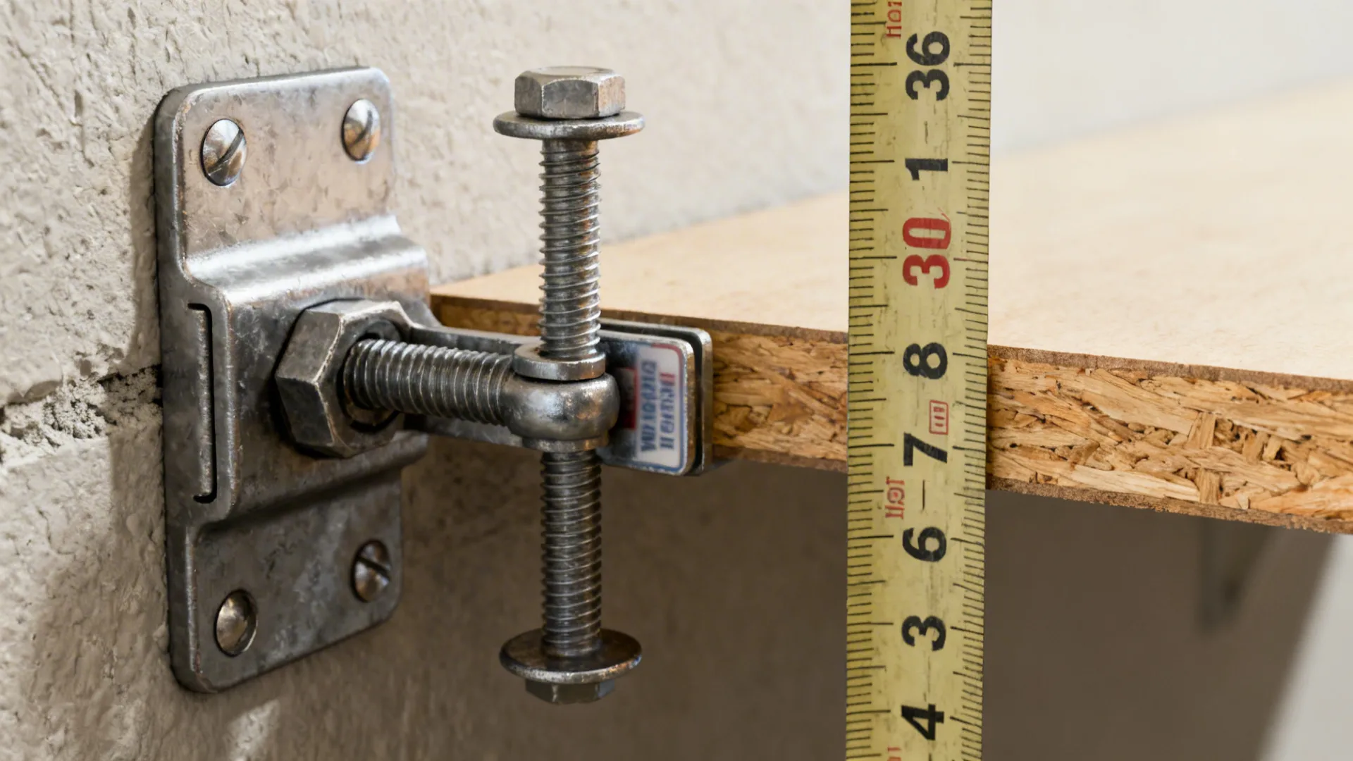 Close-up of heavy-duty bracket anchored to a stud and a soft-close hinge illustrating safety and weight capacity.