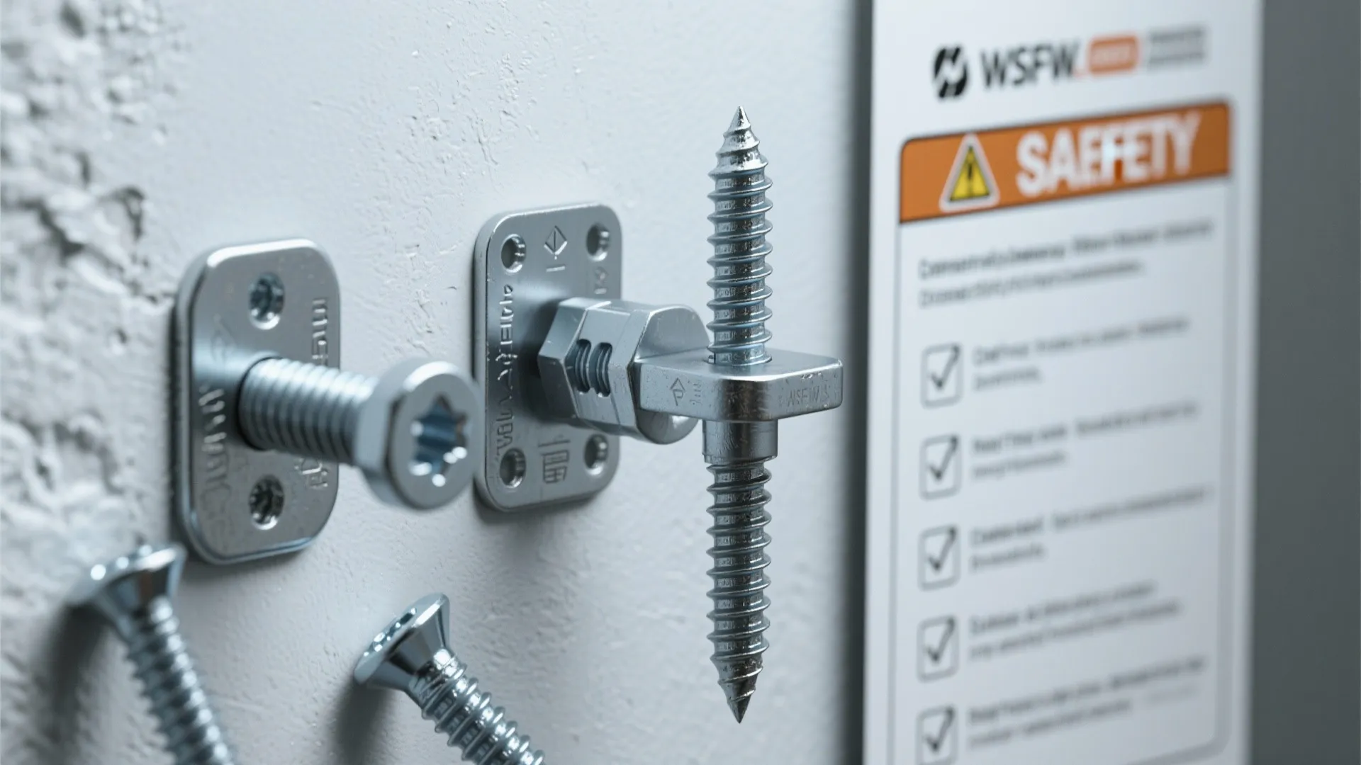 Metal screws and bolts installed on a wall next to a paper with safety instructions