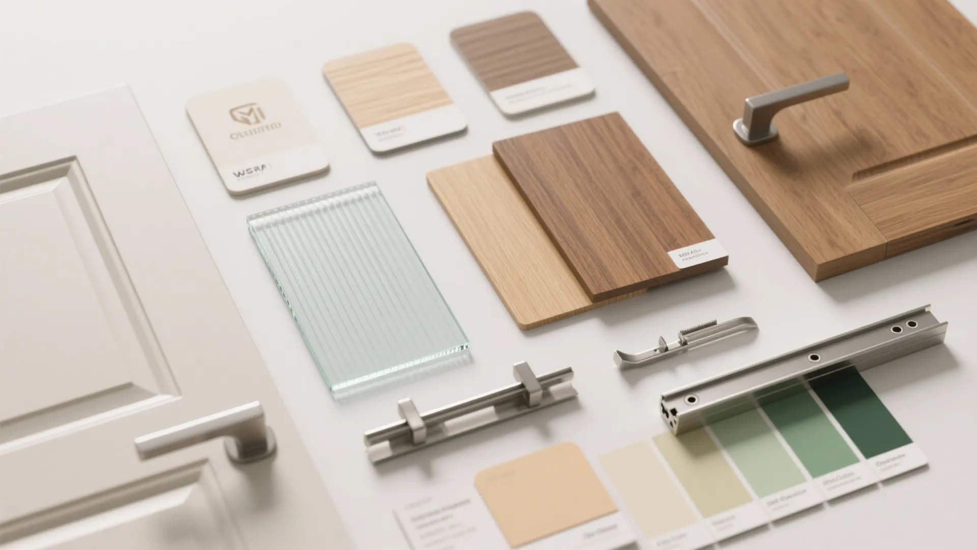 Collection of wood samples glass pieces metal handles and color swatches for interior furniture design