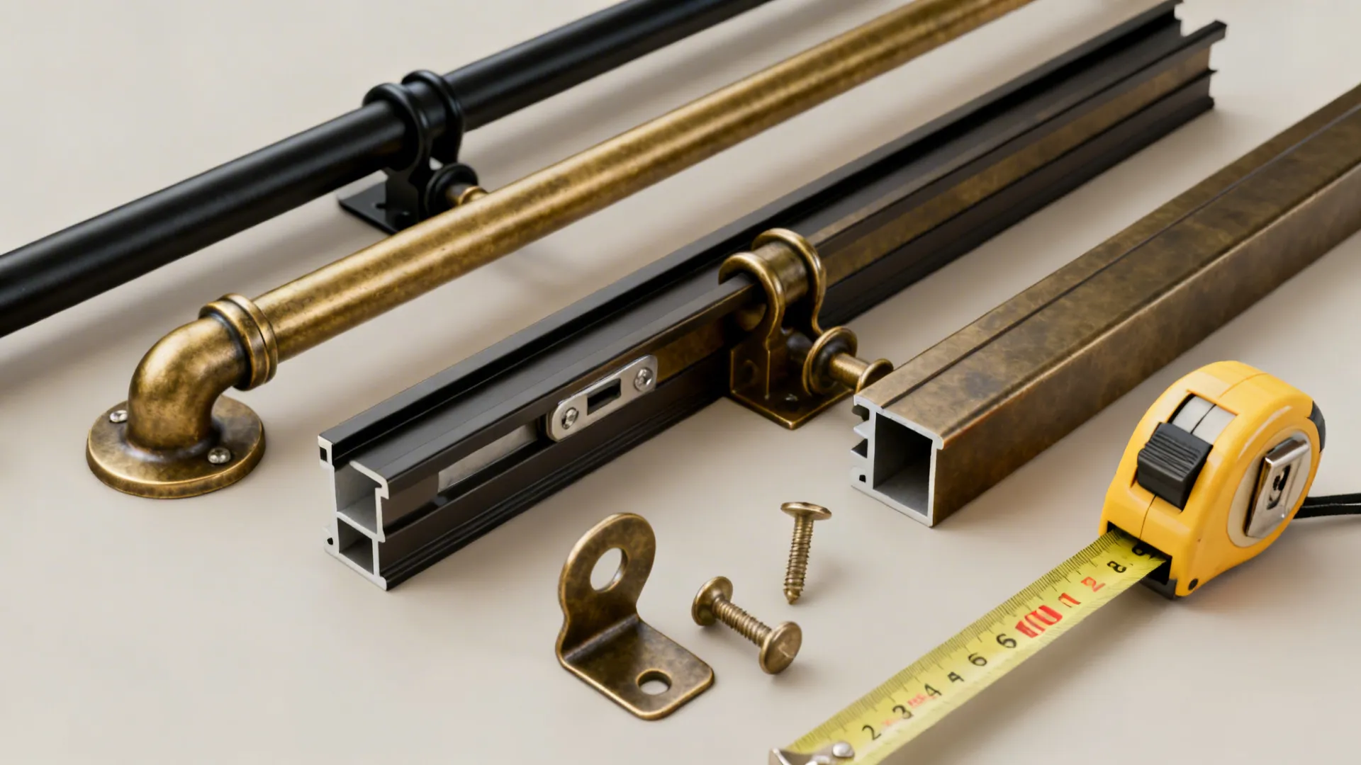 Metal curtain rods and tracks shown with screws and a yellow measuring tape on a surface