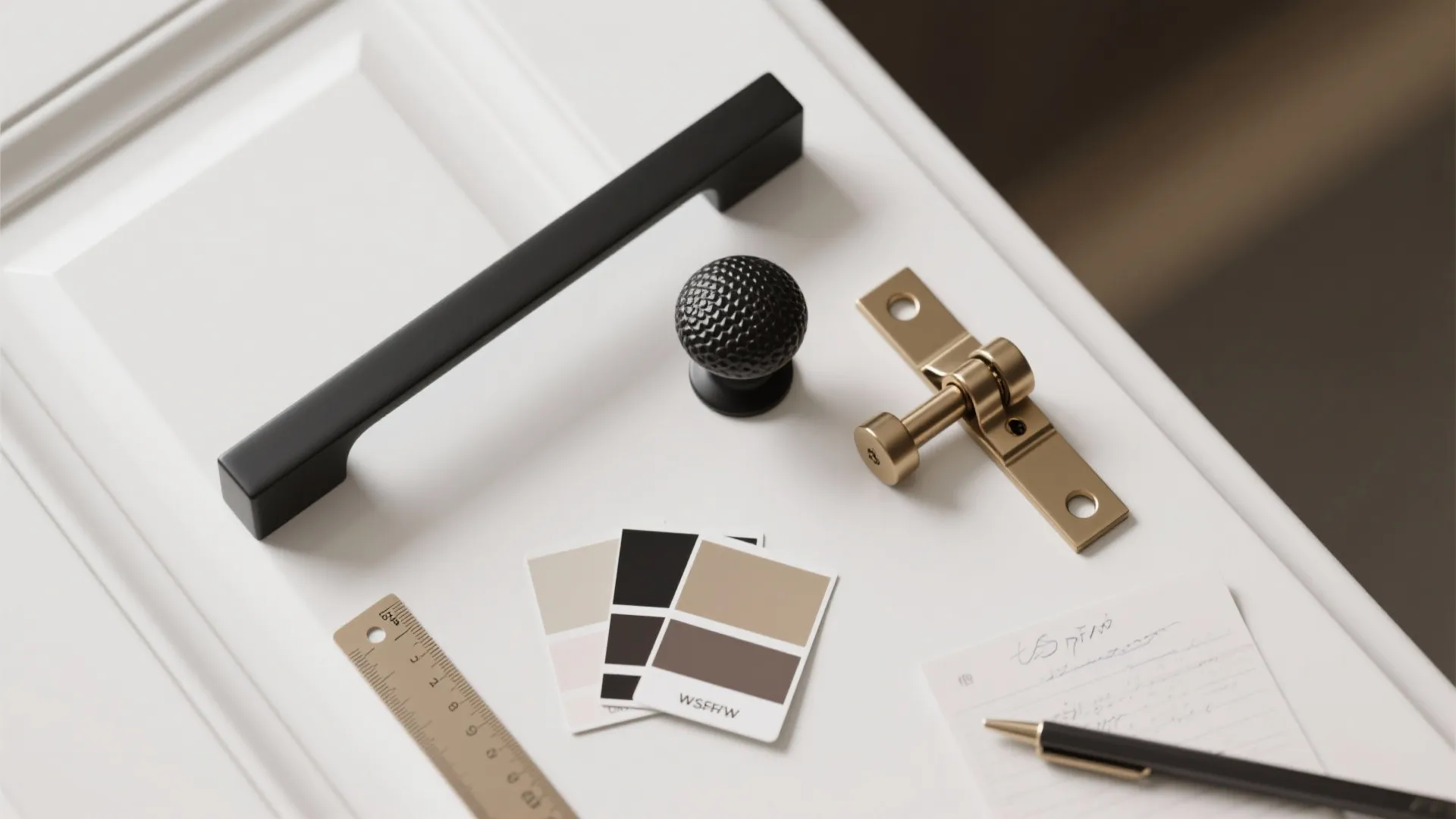 Flatlay of hardware samples and finish swatches on a painted cabinet door sample.