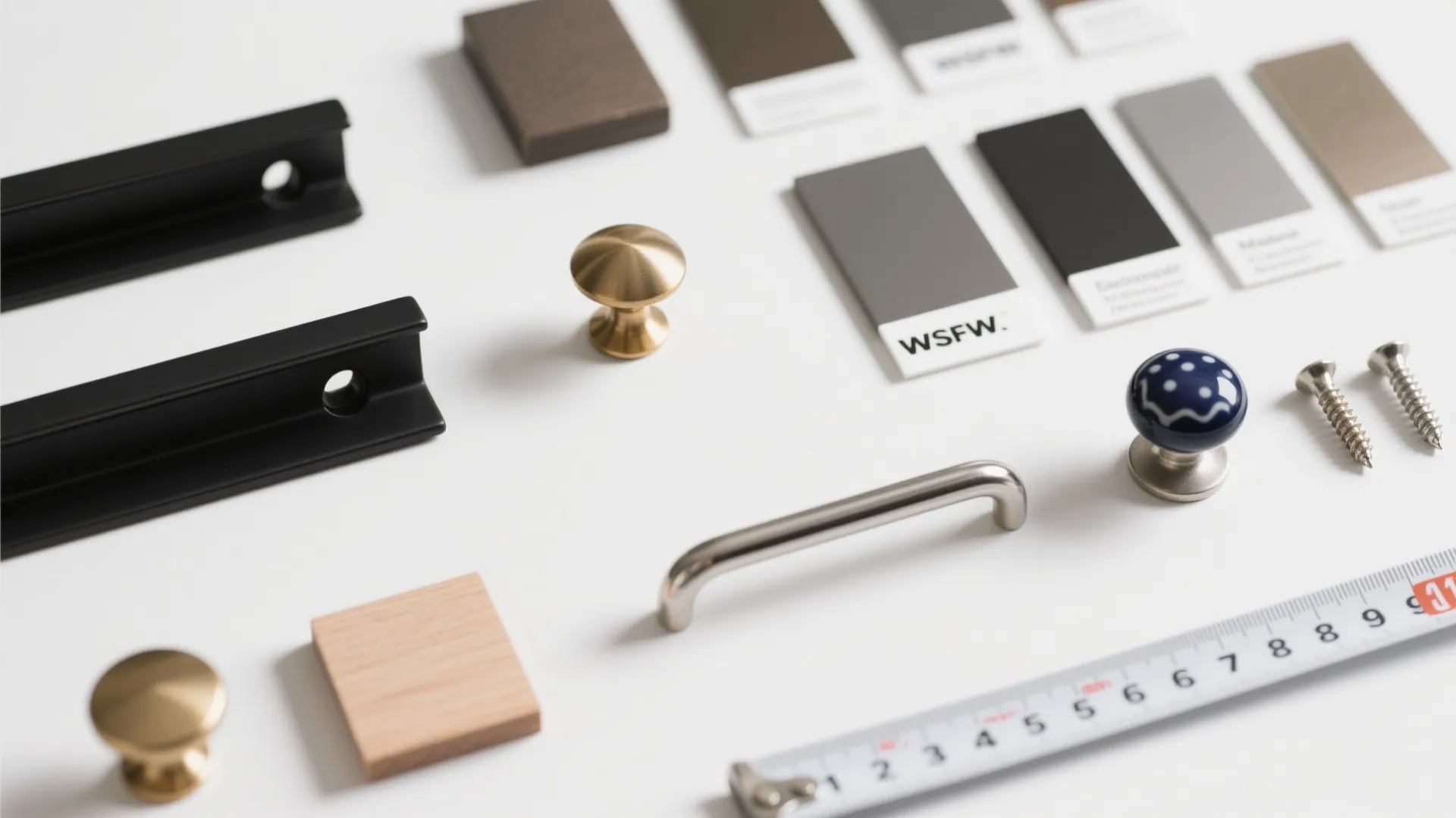 Collection of cabinet handles knobs screws measuring tape and color material samples on white background
