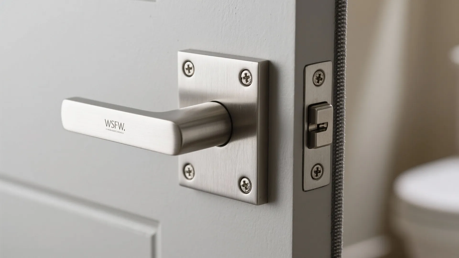 Close up of a modern silver metal door handle and lock installed on white door