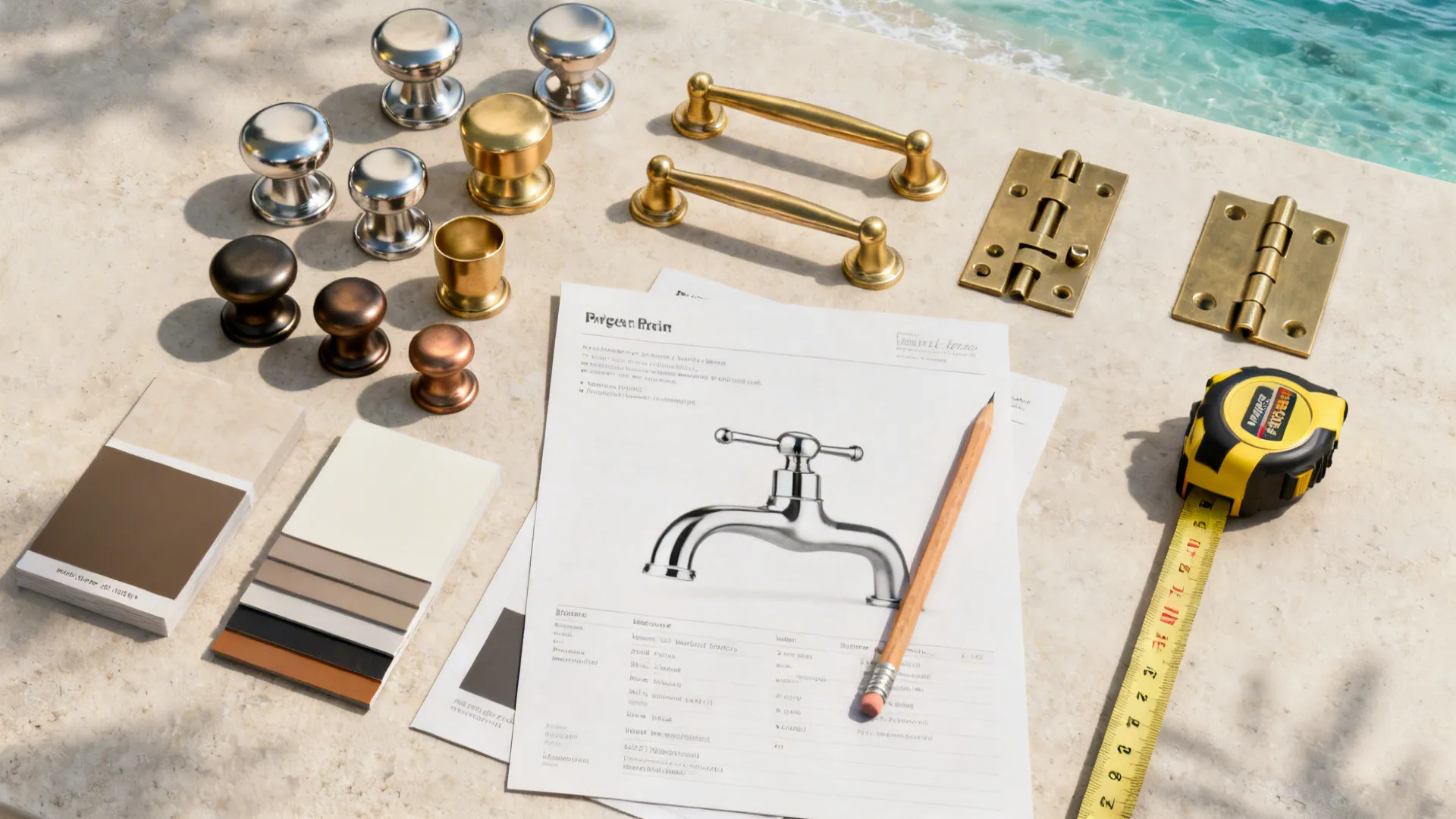 Top-down view of brass and nickel hardware with a bridge faucet plan and finish samples.