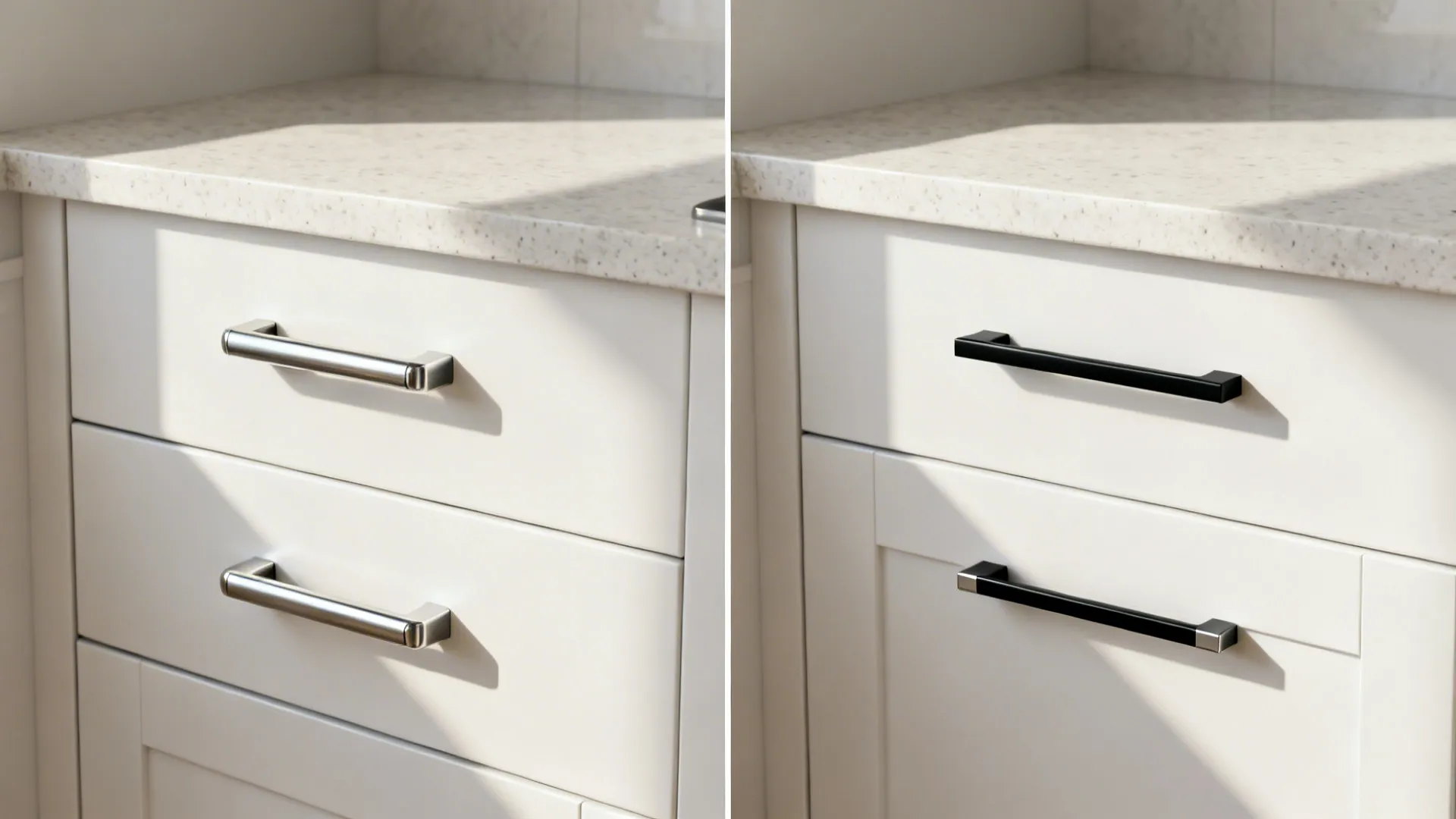 Before-and-after comparison showing bulky T-bars replaced with slim bars and edge pulls.
