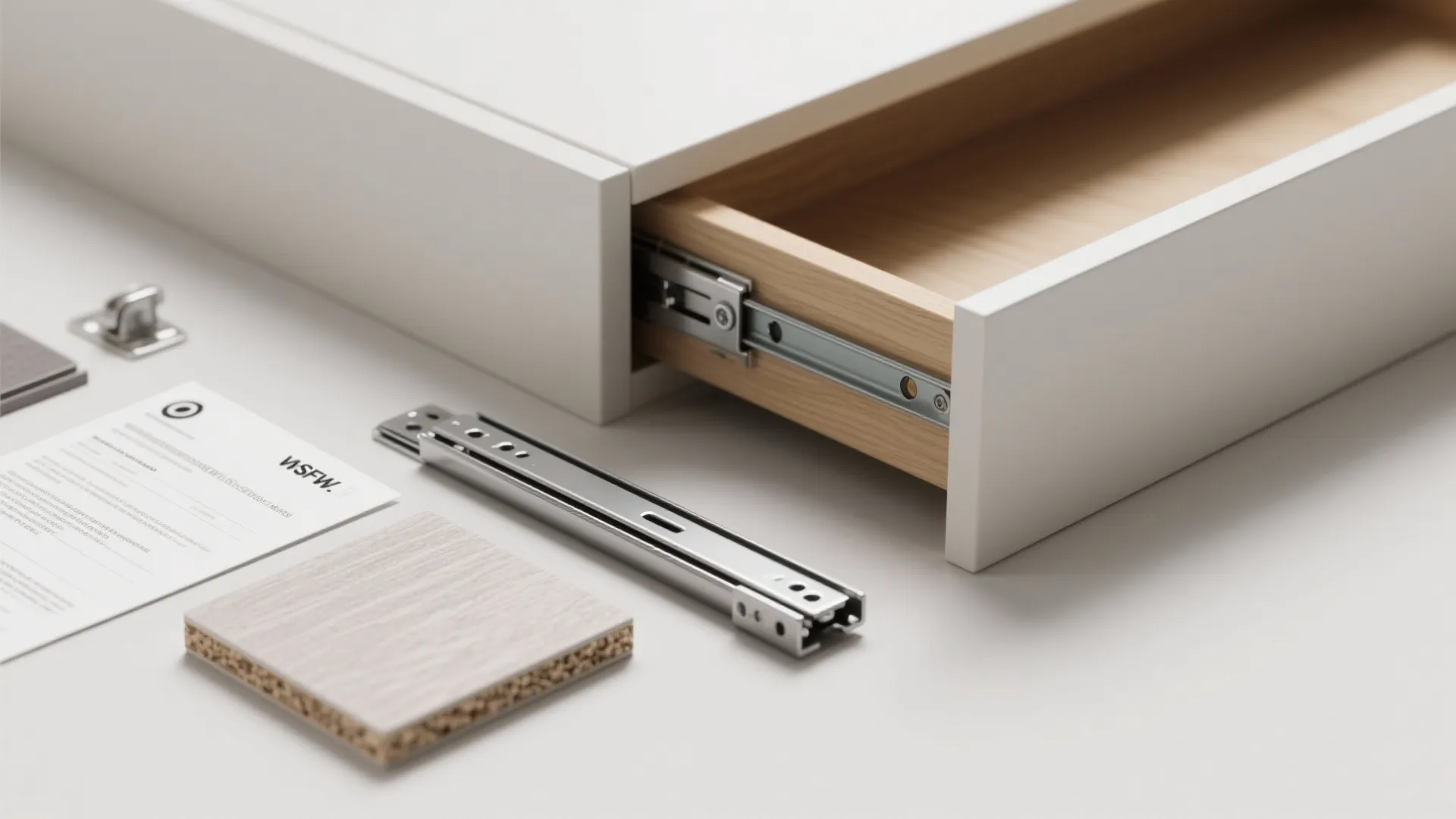 White desk drawer with metal sliding rails next to wood samples and technical specification paper