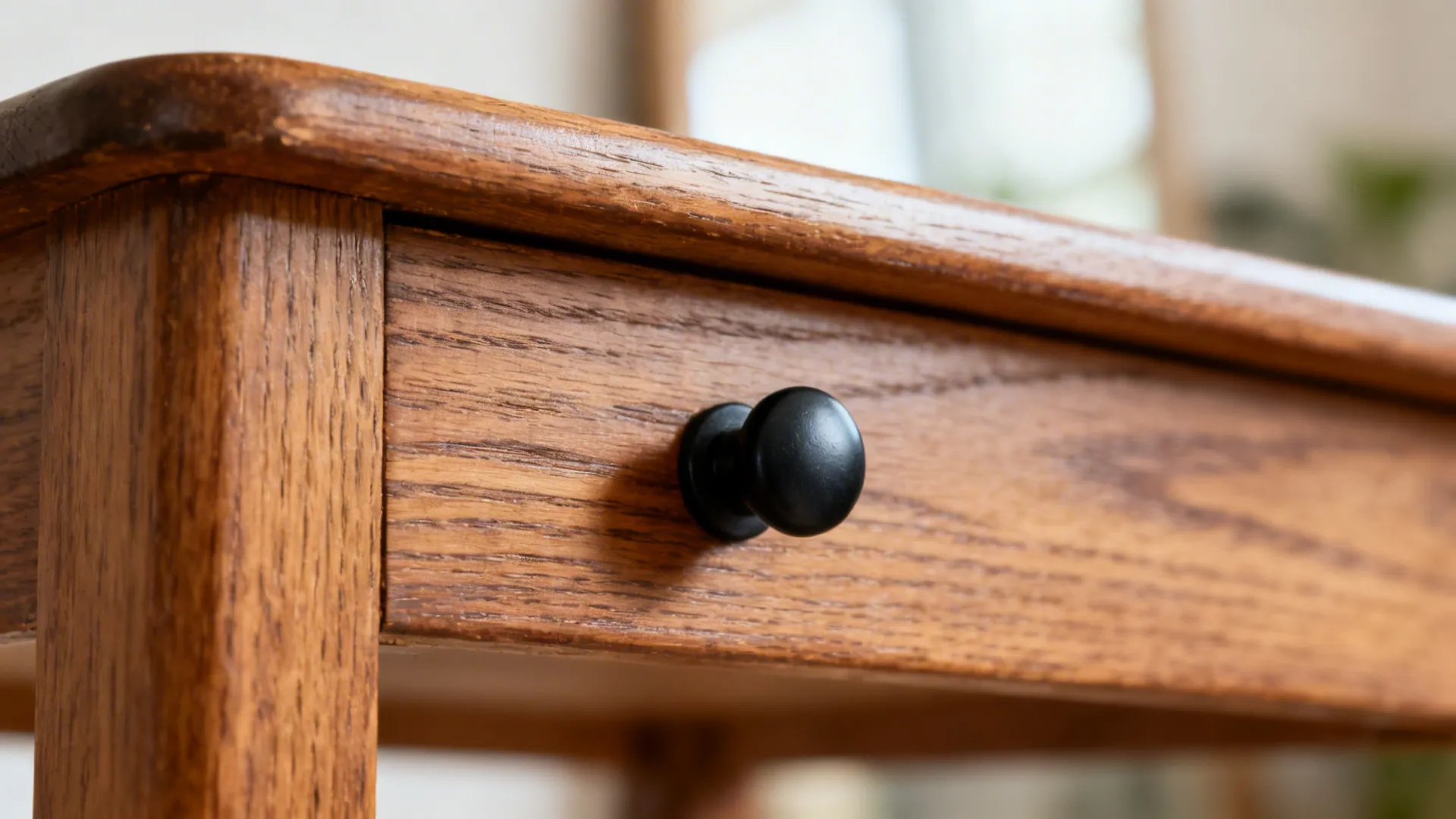 Wooden desk drawer with a small black round metal knob showing natural wood grain texture details