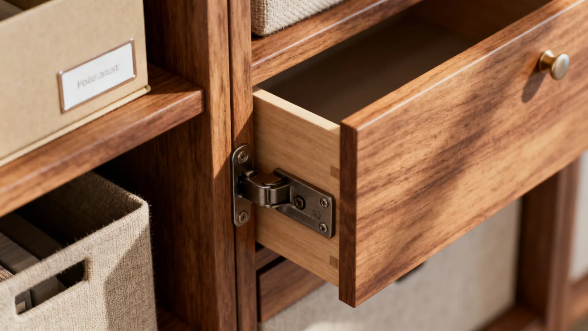 Close-up of soft-close hinge, labeled storage boxes and fabric sample