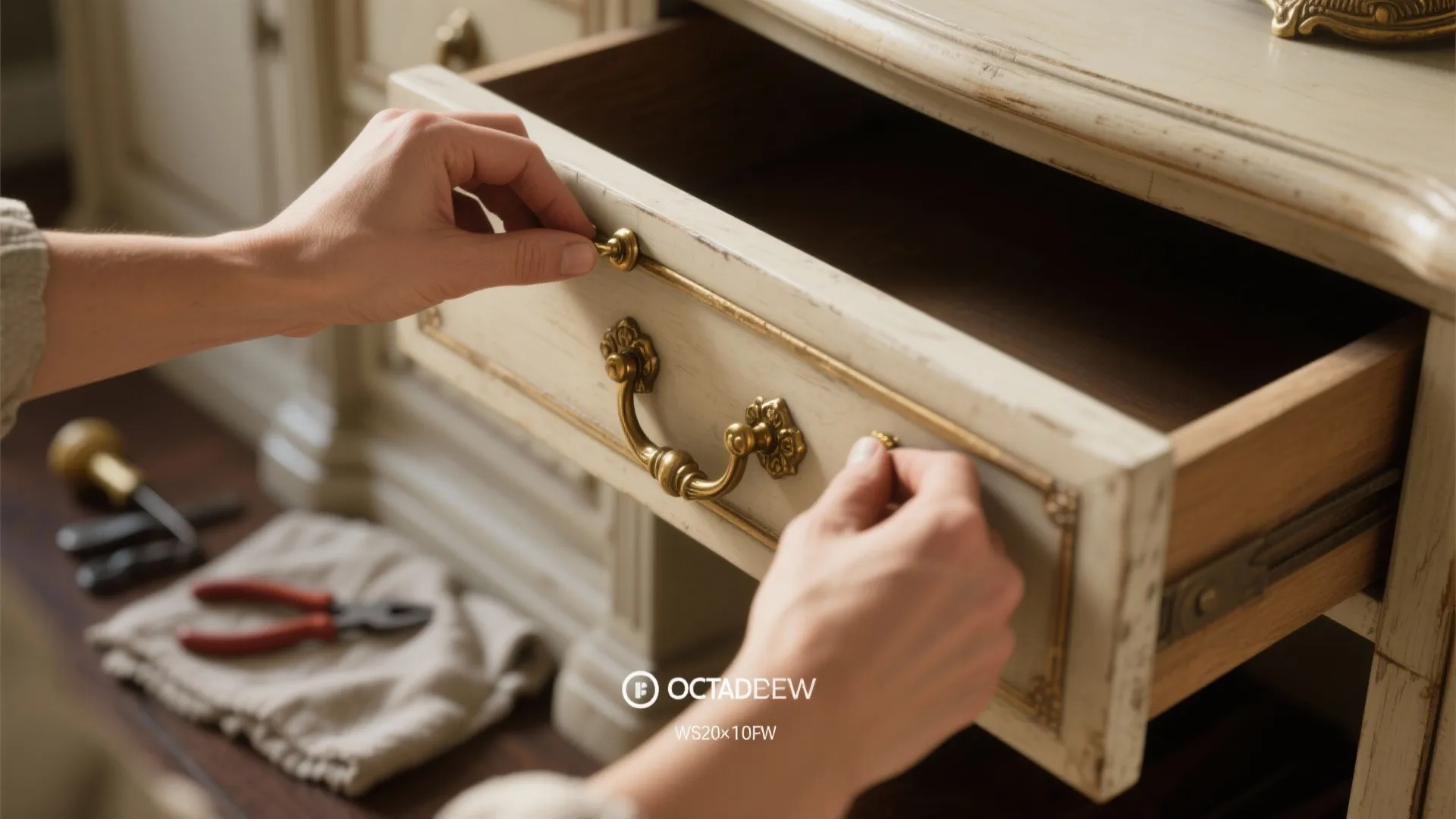 Hands installing a gold metal handle onto an antique white wooden drawer using various small tools