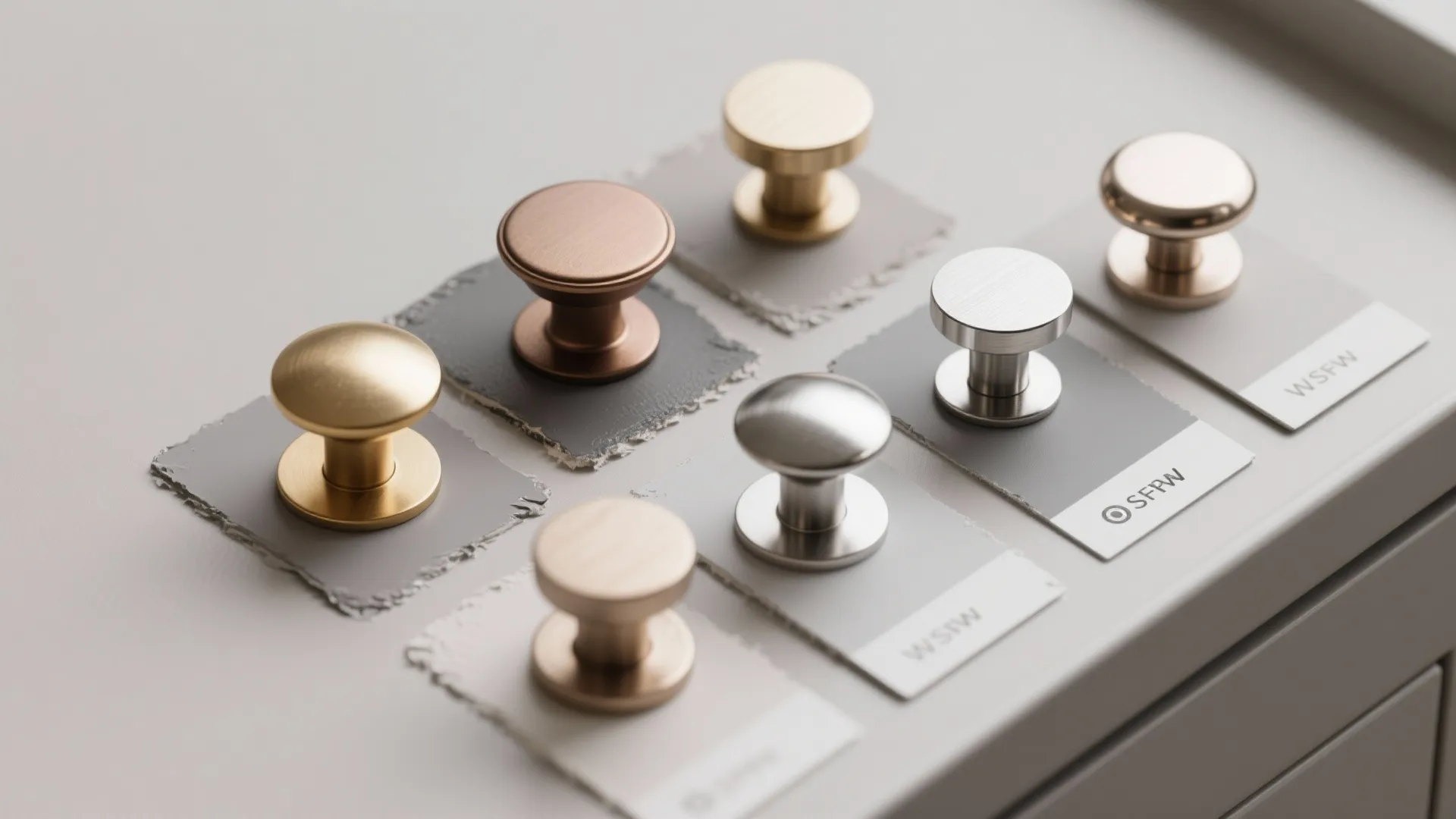 Selection of metal cabinet knobs in different colors placed on small paper squares for design