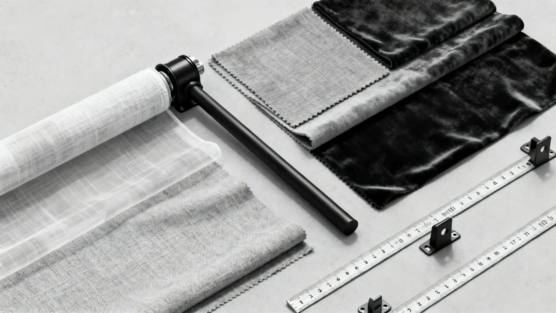 Flatlay of curtain fabric swatches and mounting hardware for black-and-white curtain planning.