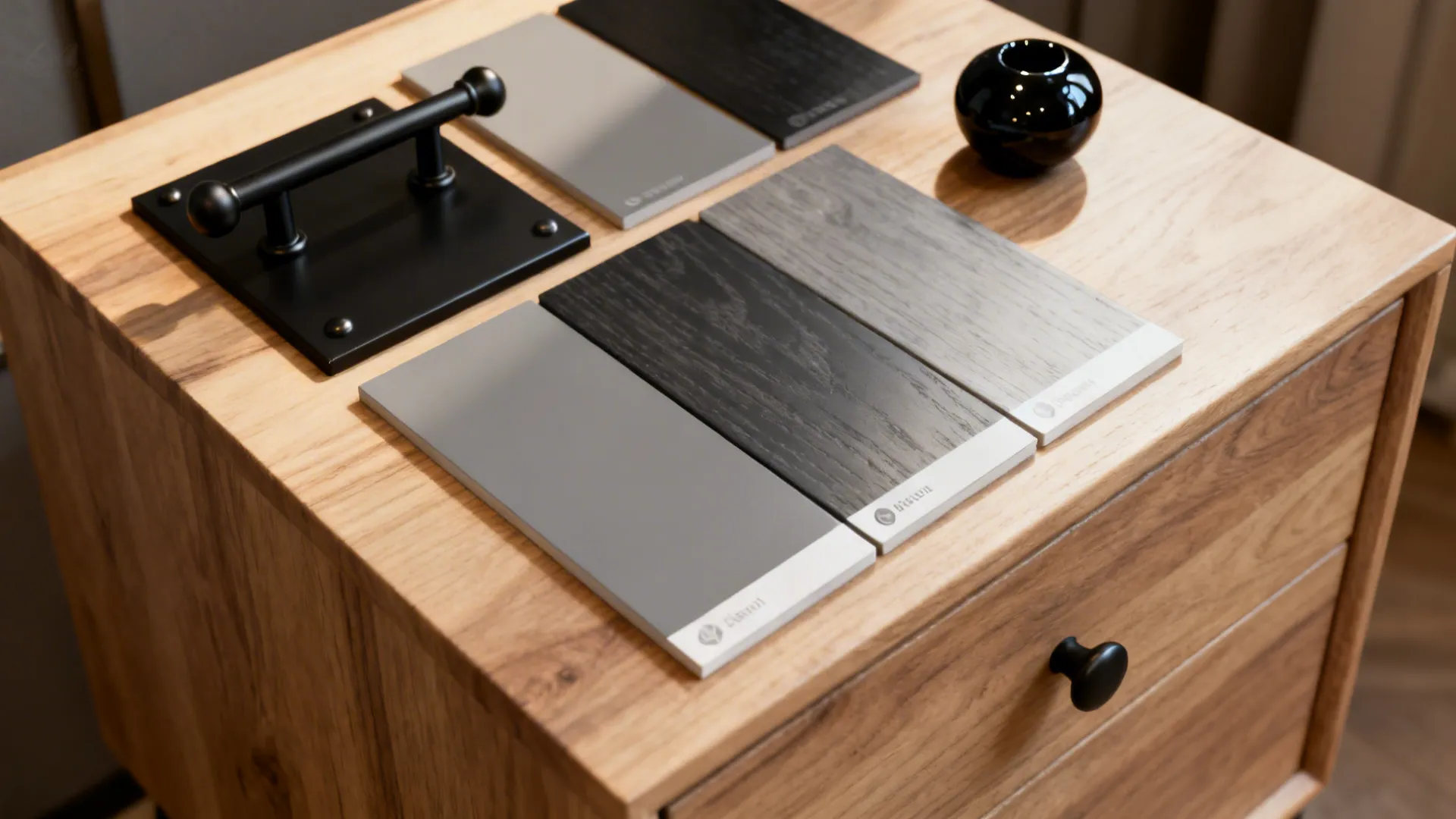Matte black hardware and mid-tone grey paint swatches on a light wood table.