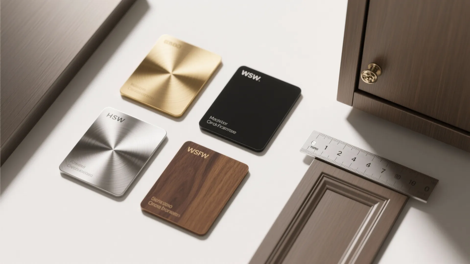 Collection of metal and wood material samples for kitchen cabinets displayed on a white flat surface