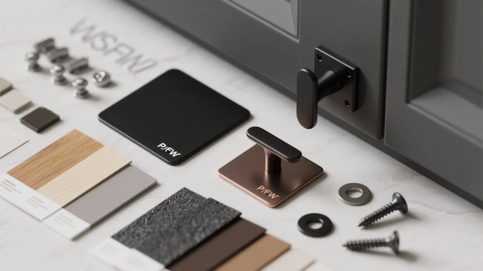 Flat lay of hardware samples including black handles screws and various colorful material swatches on surface