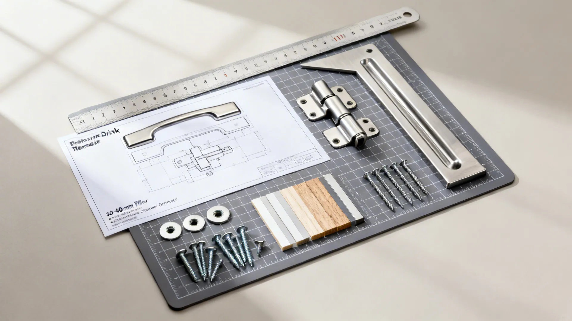 Flat lay of cabinet hardware: hinge, drawer runner, drill template, screws, and filler strip.