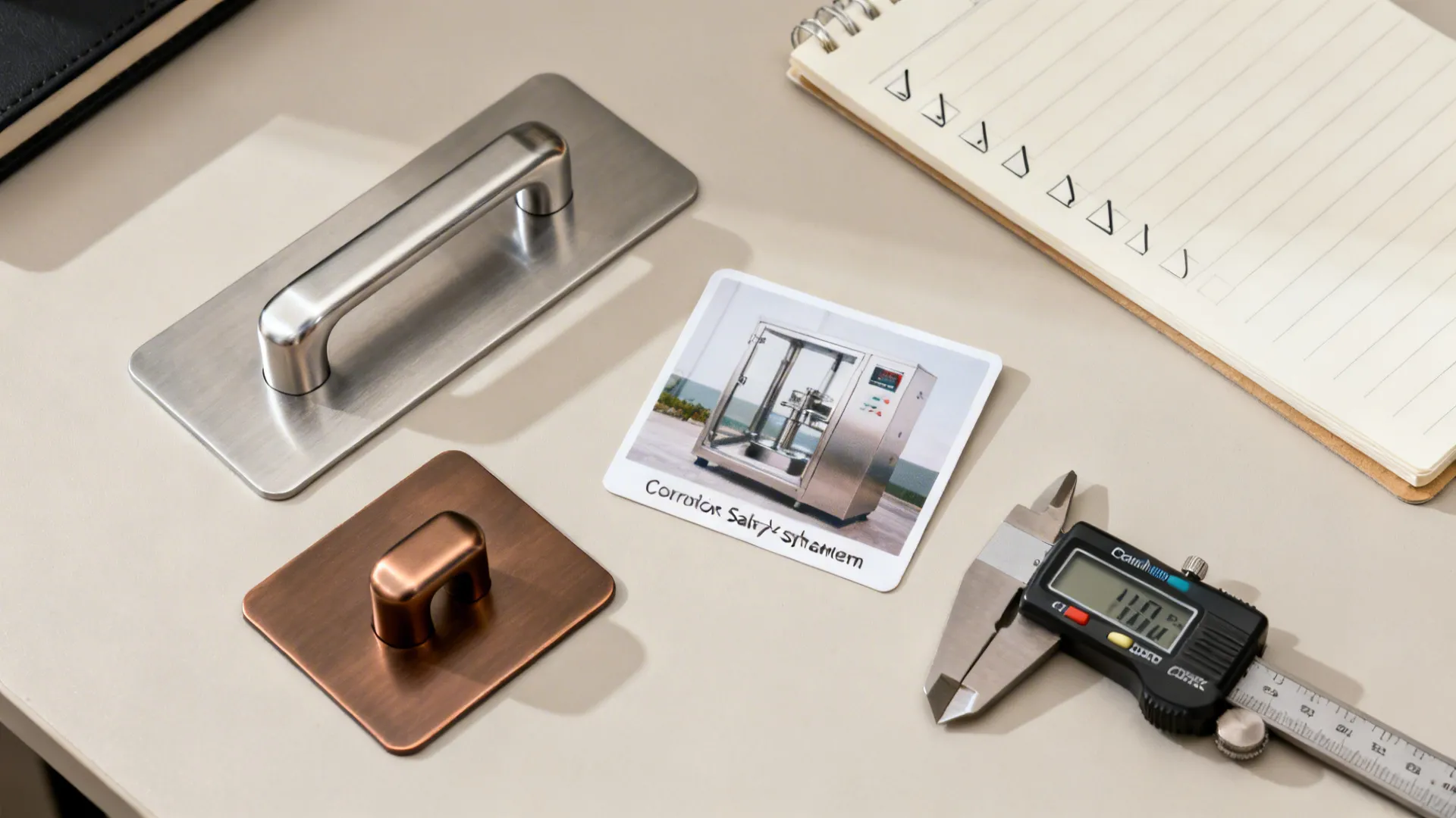 Flat lay of handle samples with measuring tools implying durability and corrosion testing.