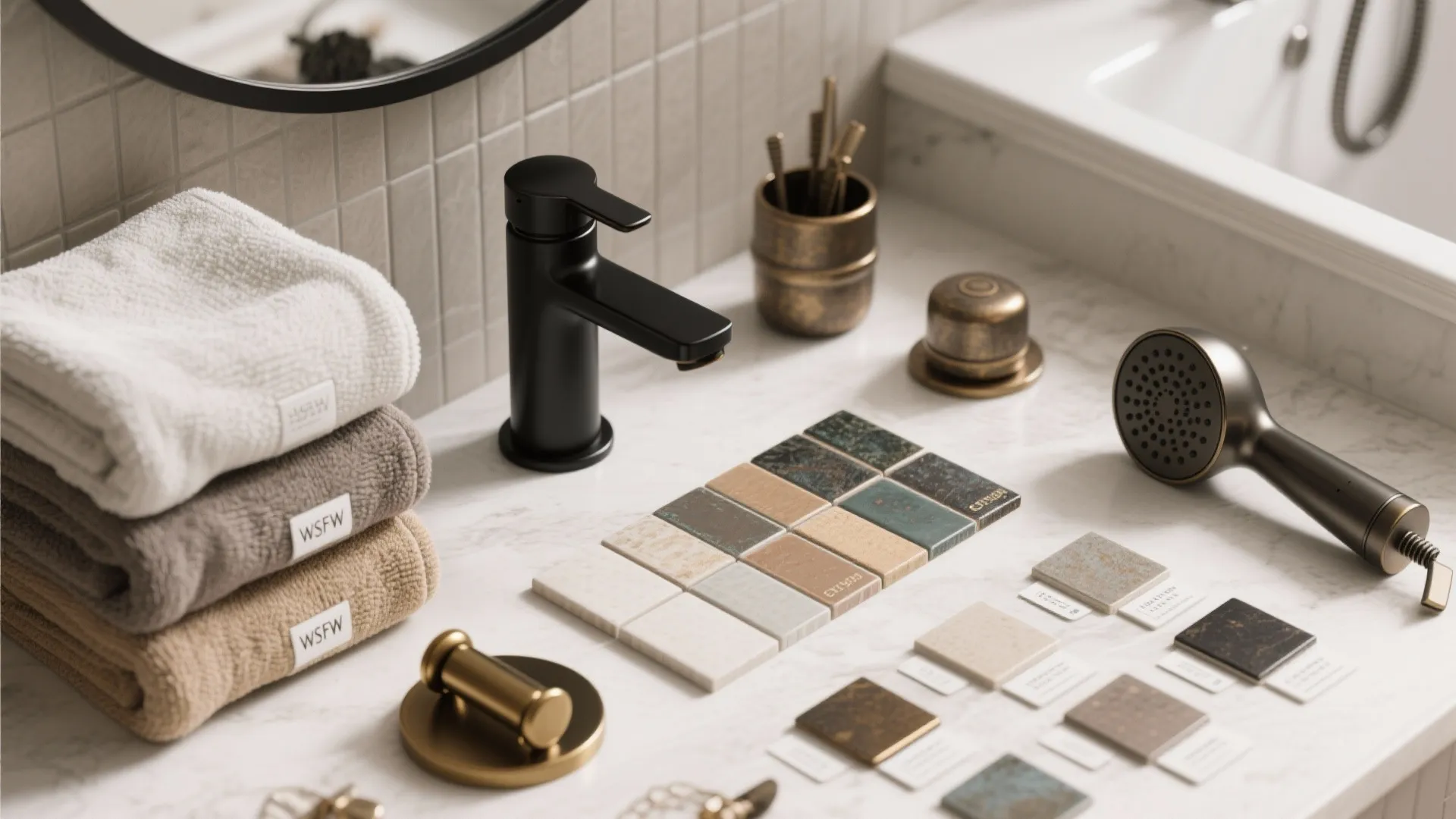 Modern bathroom counter with black tap colorful tile samples folded towels and a metal shower head