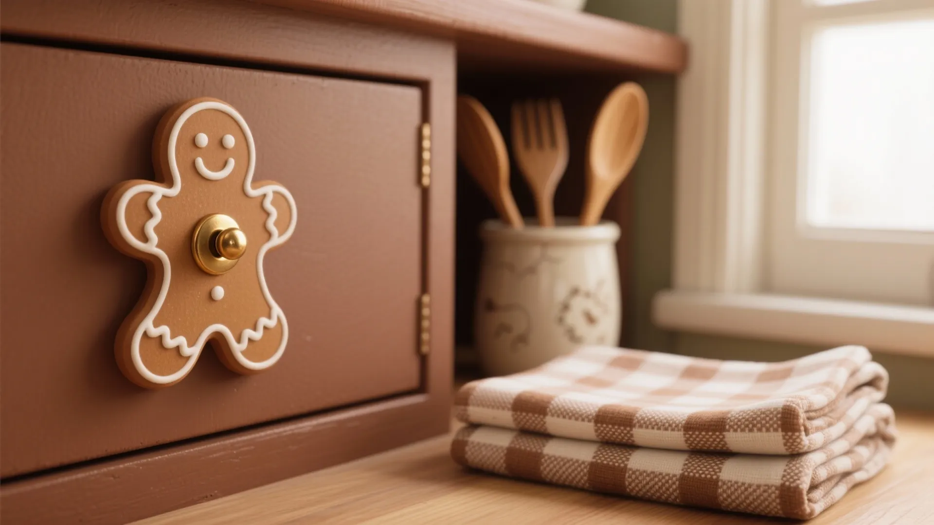 Macro close-up of a gingerbread-shaped knob, gingham towel and wood-handled utensils on a kitchen drawer.