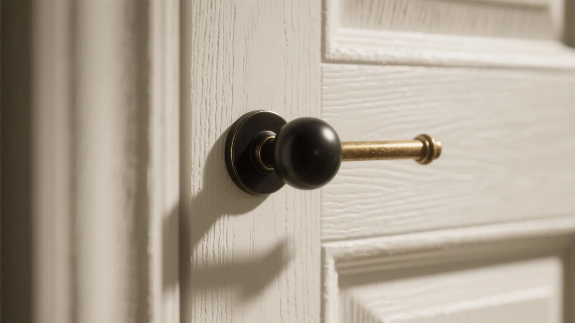 Close up of a black and gold metal handle on a white textured wooden door