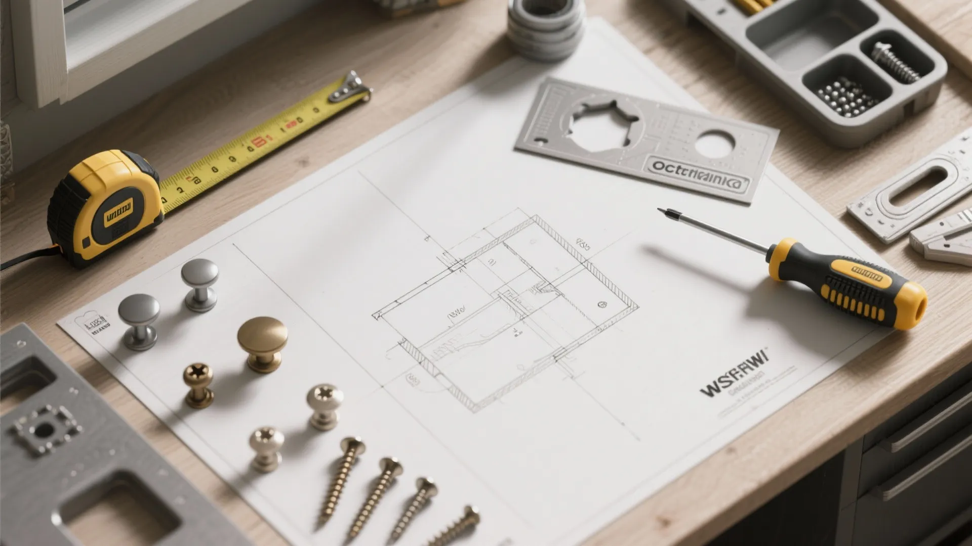 Top-down tools and hardware: tape measure, screwdriver, template, and sample pulls