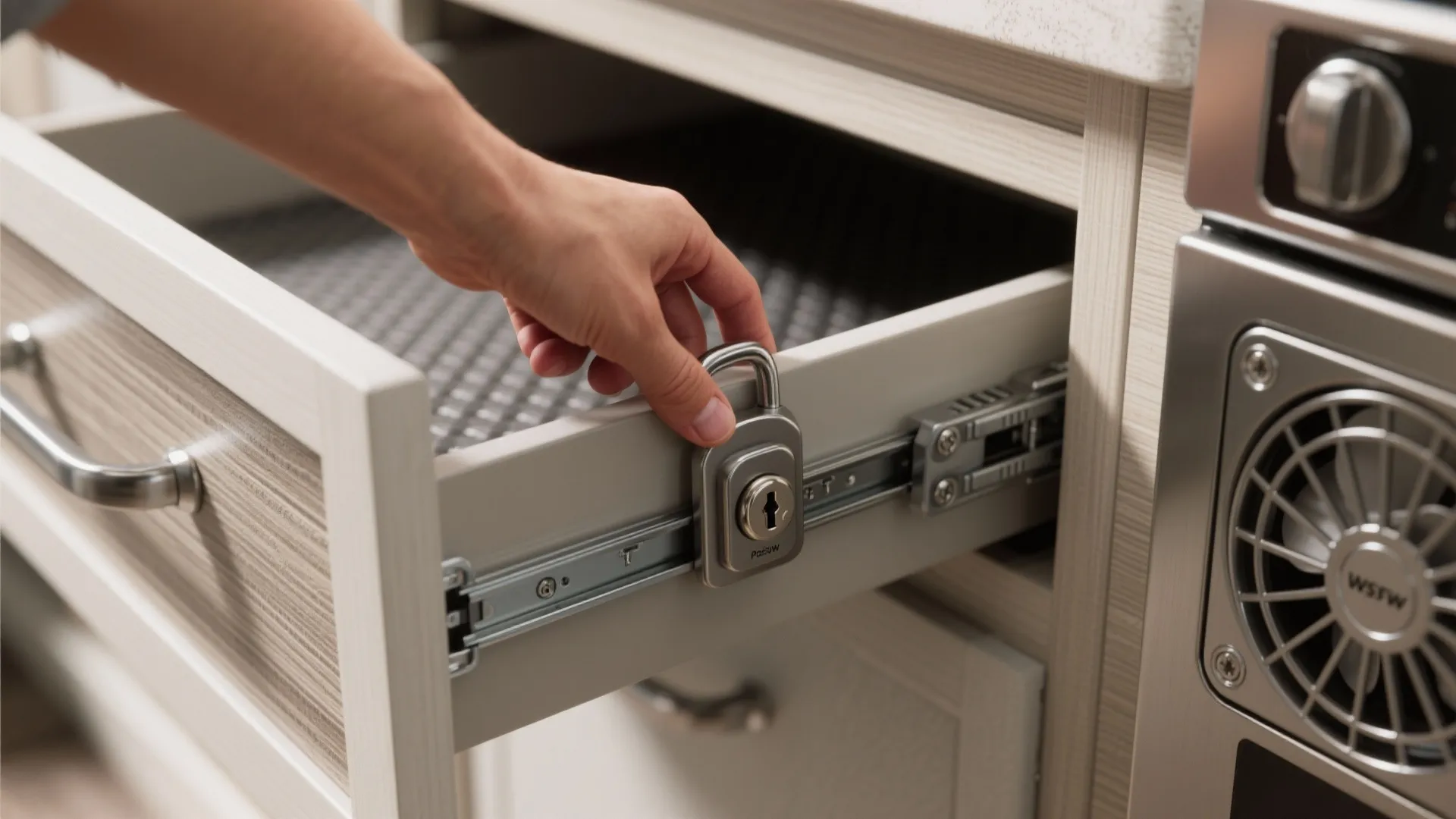 Close up of a hand installing a metal lock on a kitchen drawer slide mechanism