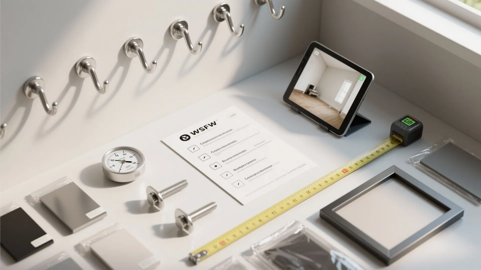 Table with wall hooks, tablet showing empty room, measuring tape, screws, and home hardware supplies
