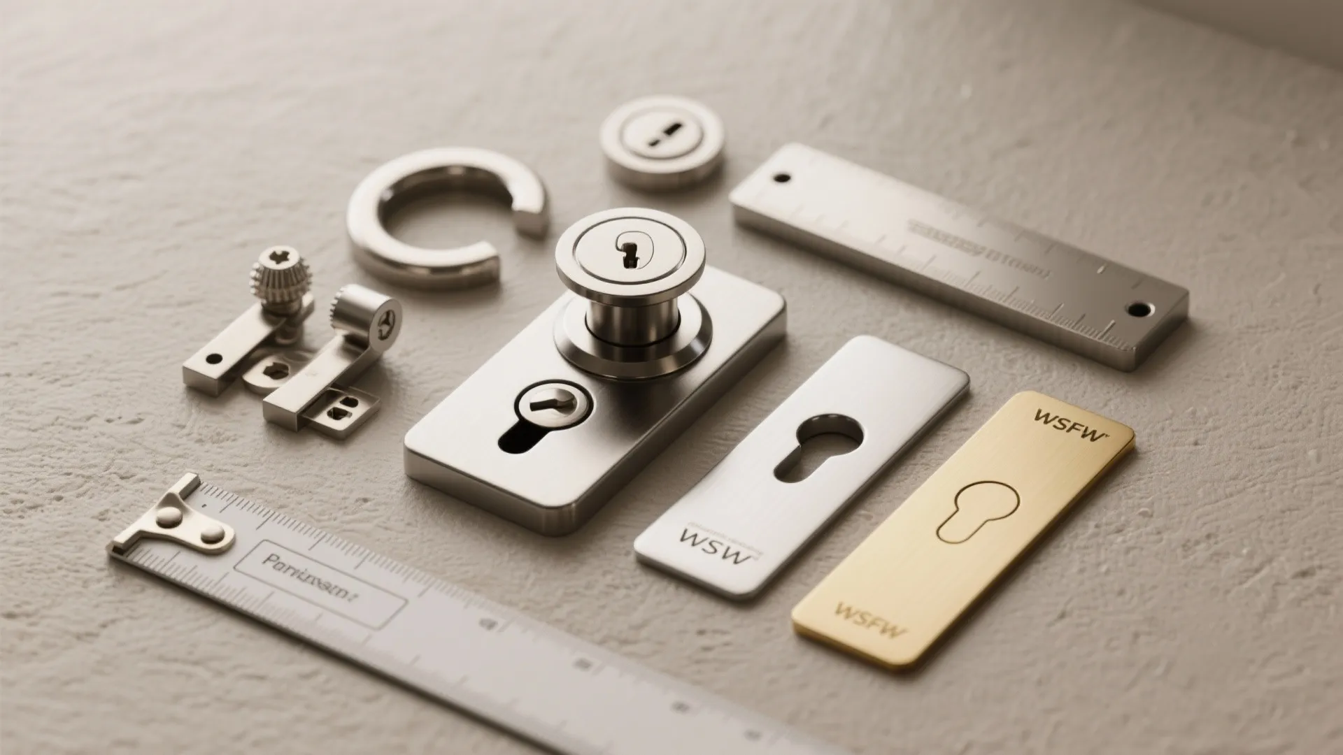 Close-up of privacy lock components, finish samples, and measuring tool for door hardware selection.