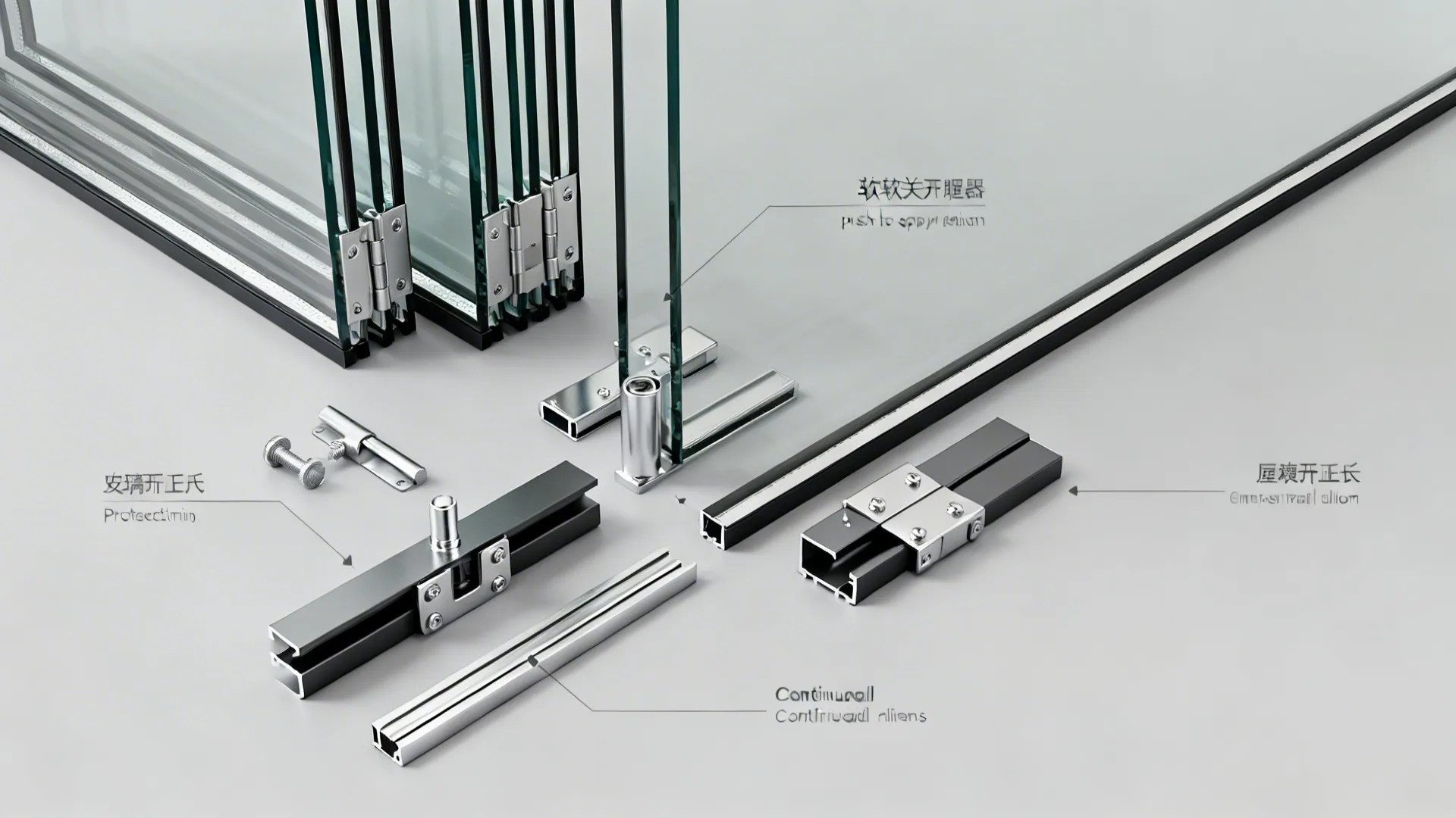 Interior design drawing showing various metal hardware parts for glass doors with simple text labels