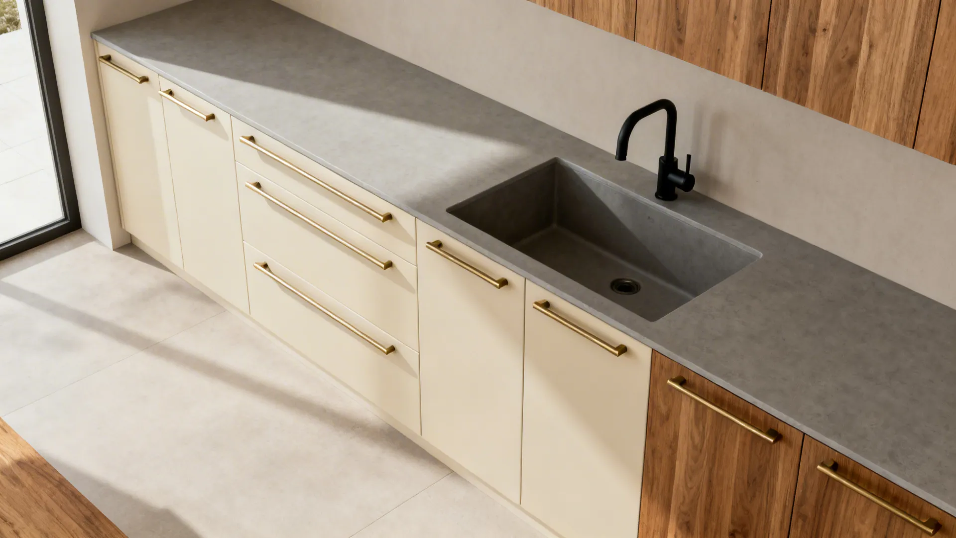 Top-down view of aligned long brass pulls with a matte black faucet.