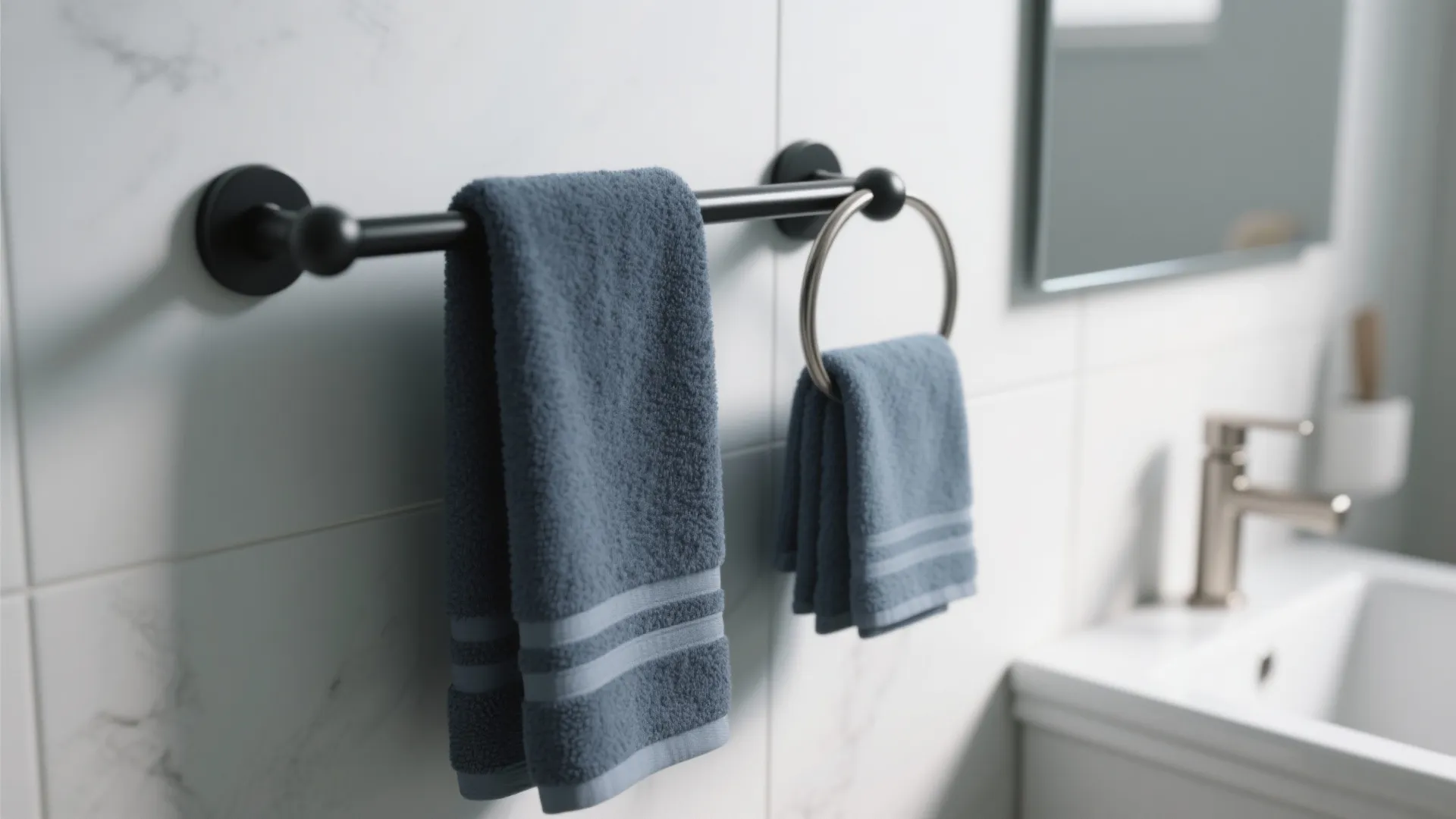 Close up of blue towels hanging on a black rail and silver ring in bathroom