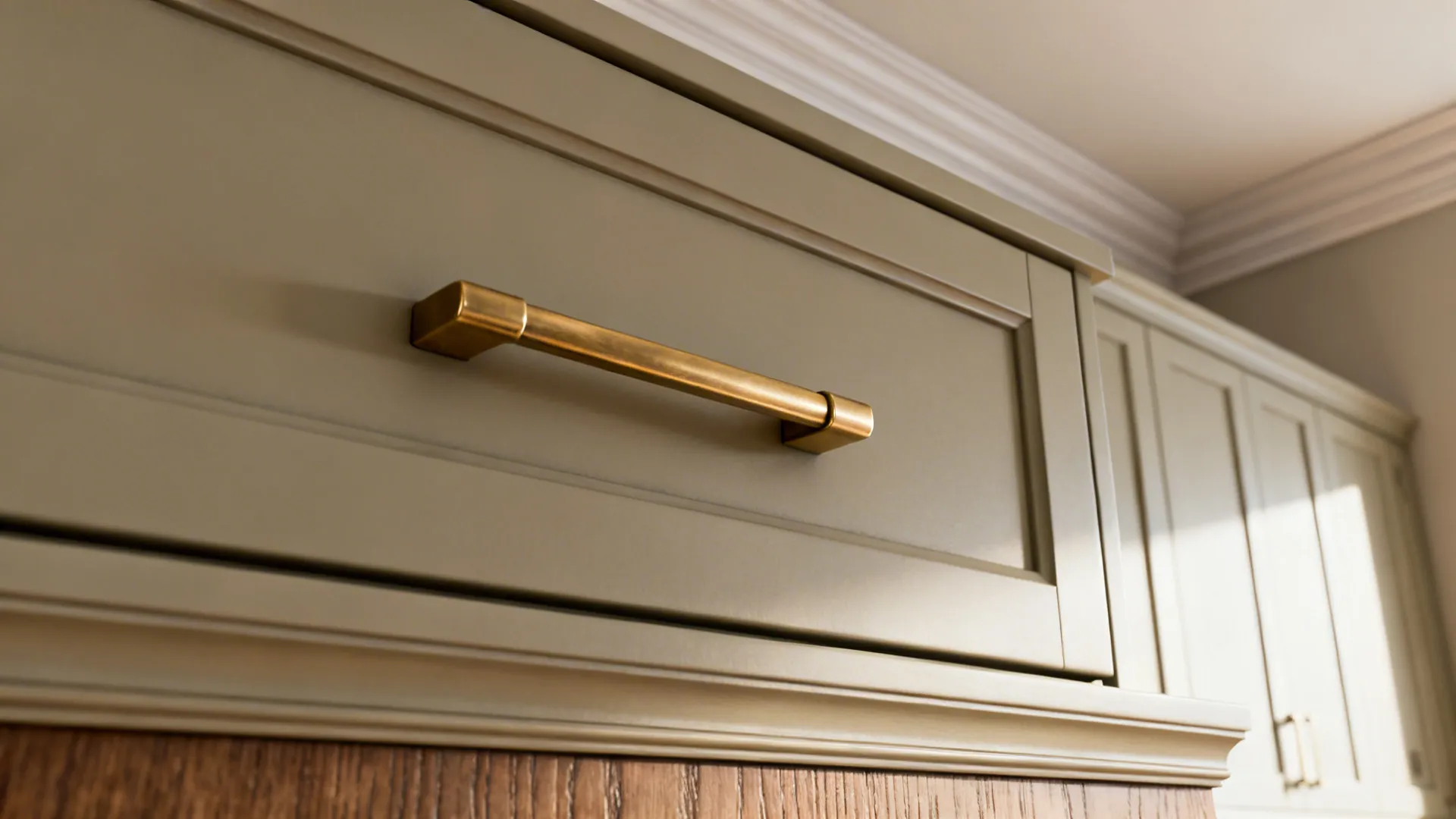 Macro of brass edge pull, slim crown molding, and furniture base molding on matte cabinetry.