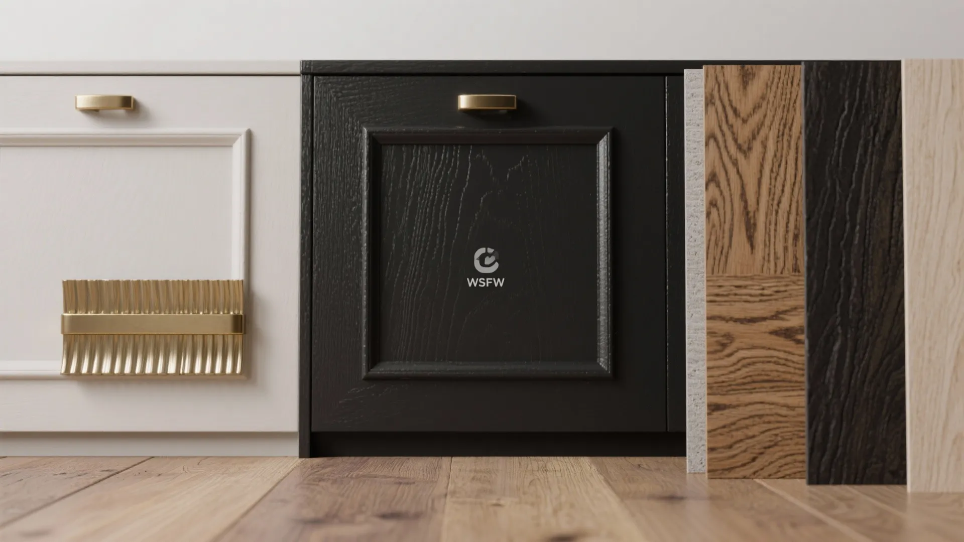 Macro close-up of hardware finishes, cabinet paint undertones and wood grain samples