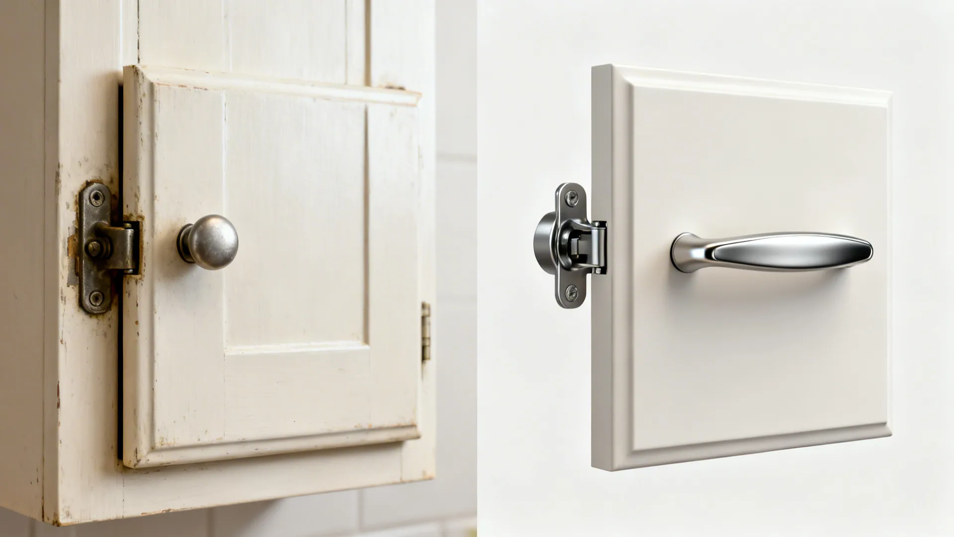 Before-and-after comparison of cabinet door hardware showing old exposed hinge versus new soft-close concealed hinge and modern pull.