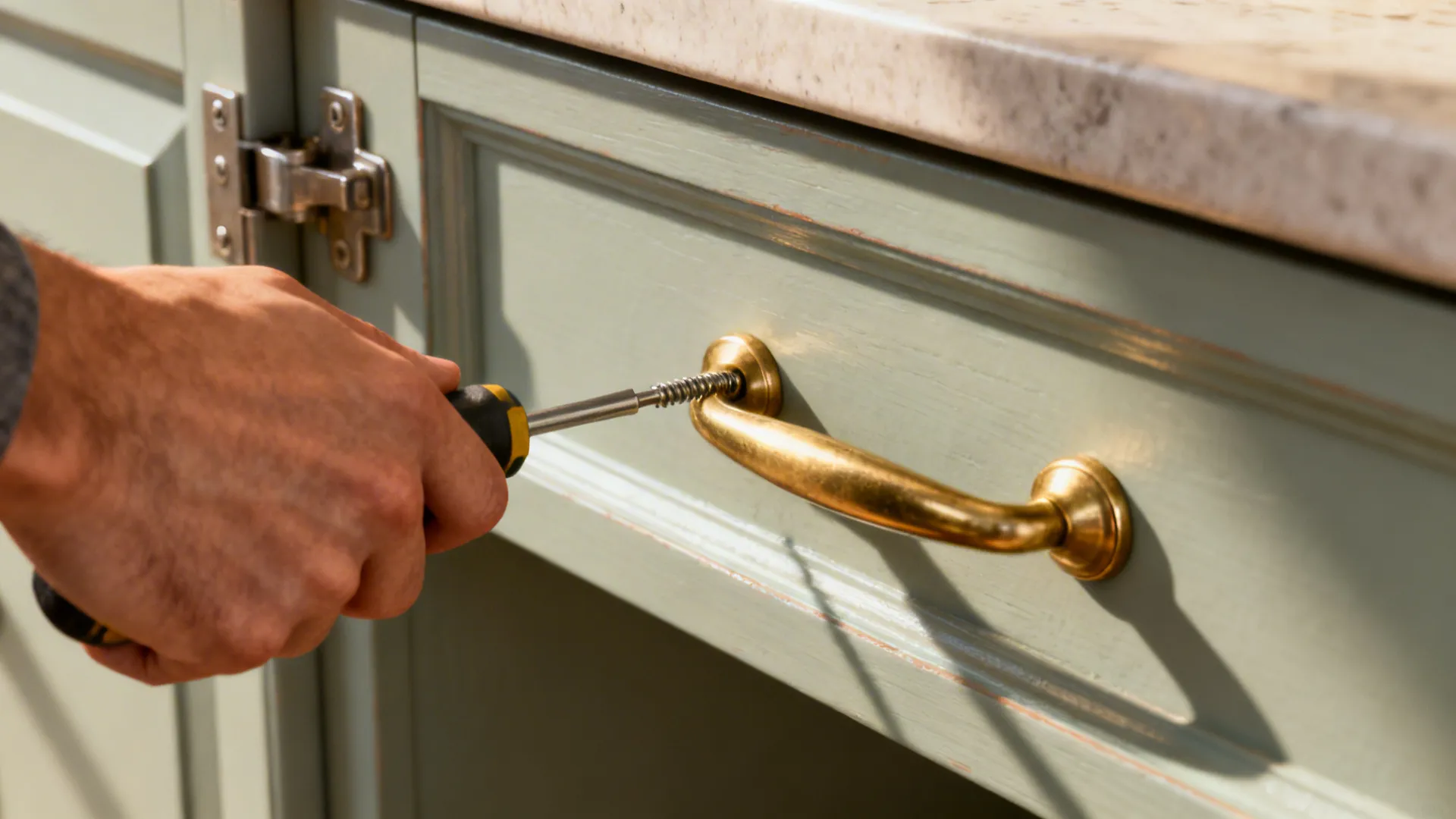 Close-up of new brass handle being installed on a painted drawer front