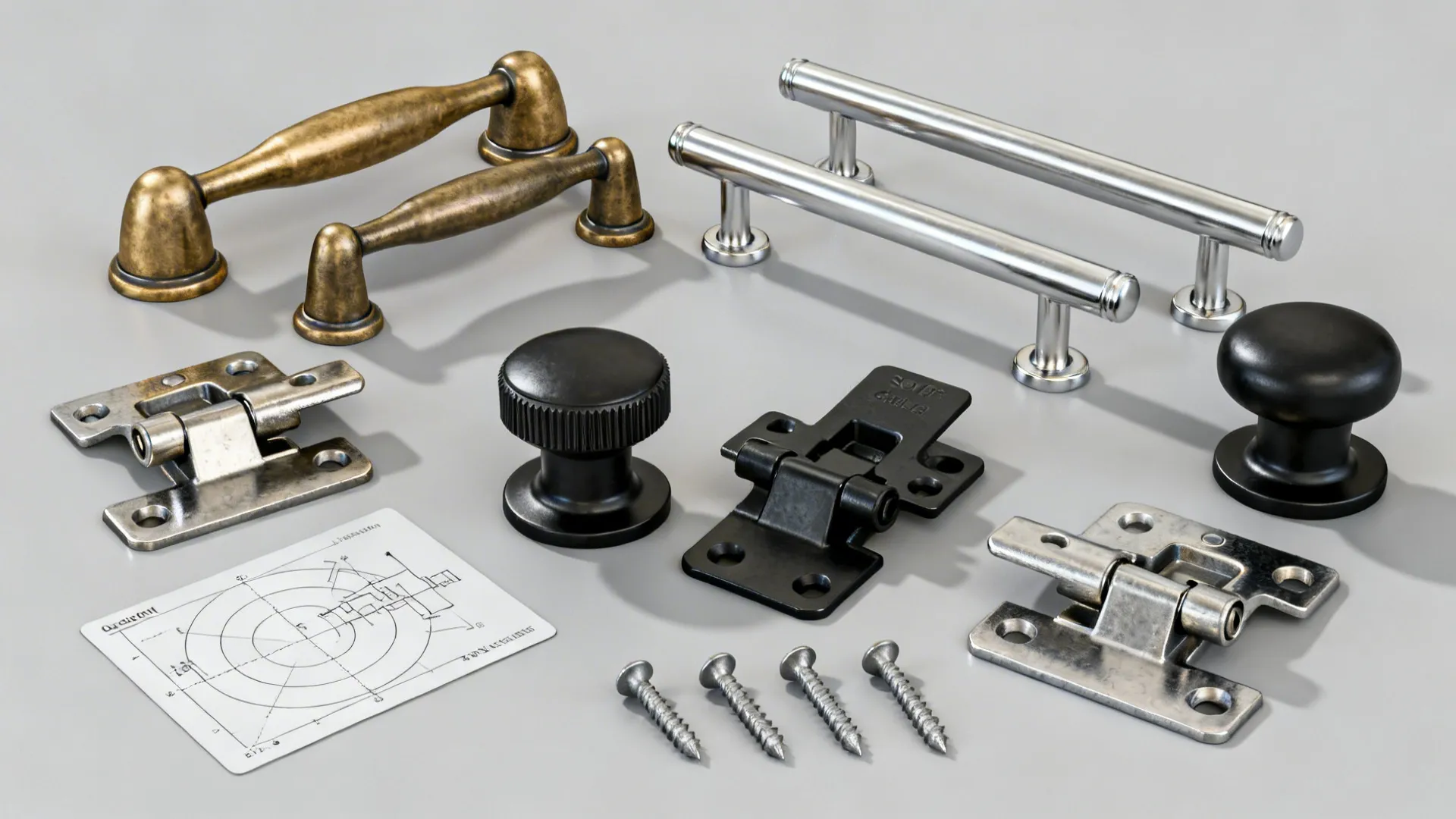 Top-down display of mixed cabinet pulls, knobs, and soft-close hinges on a neutral surface.