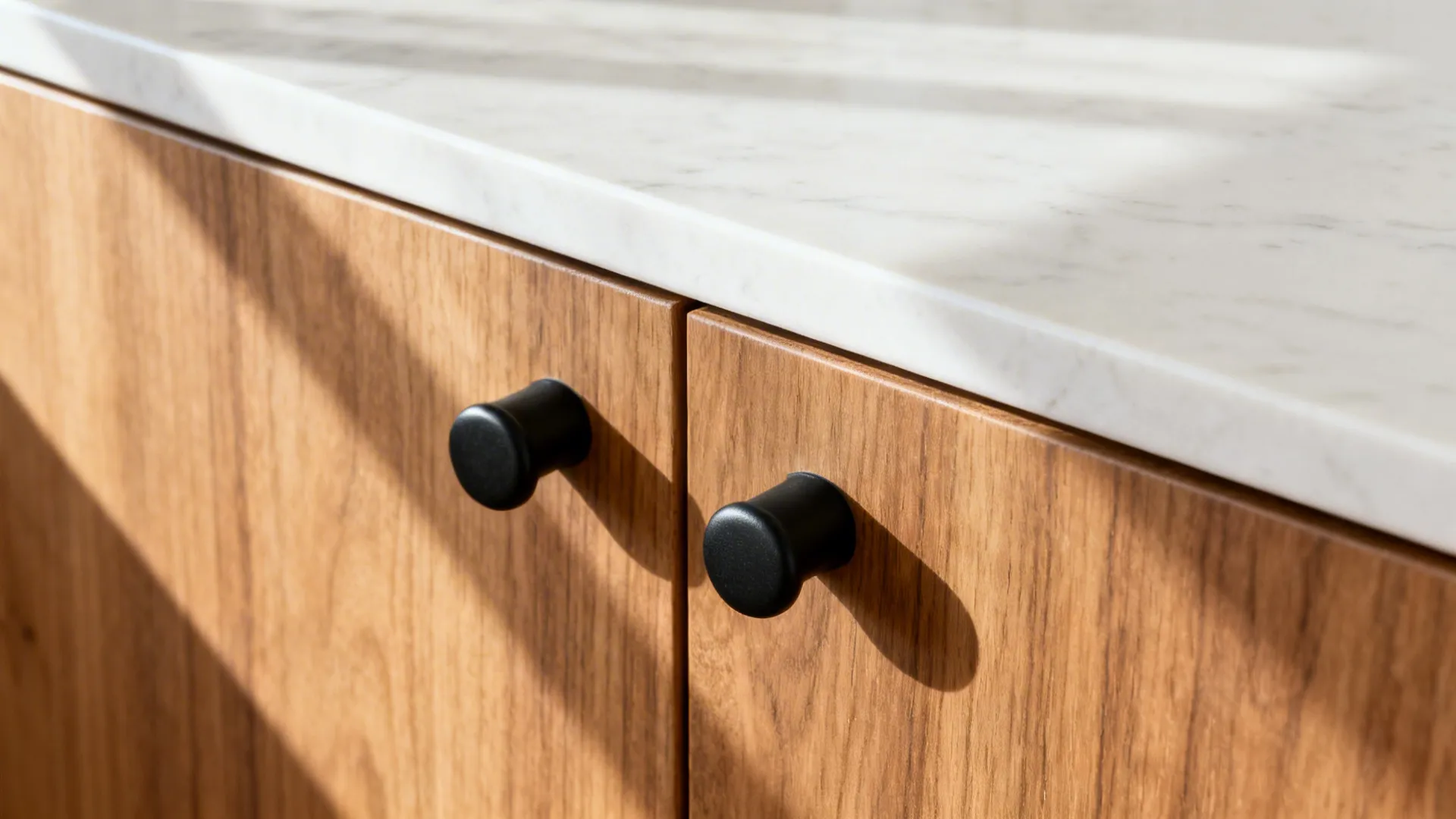 Macro of matte black pull on oak veneer beside soft-white quartz counter.
