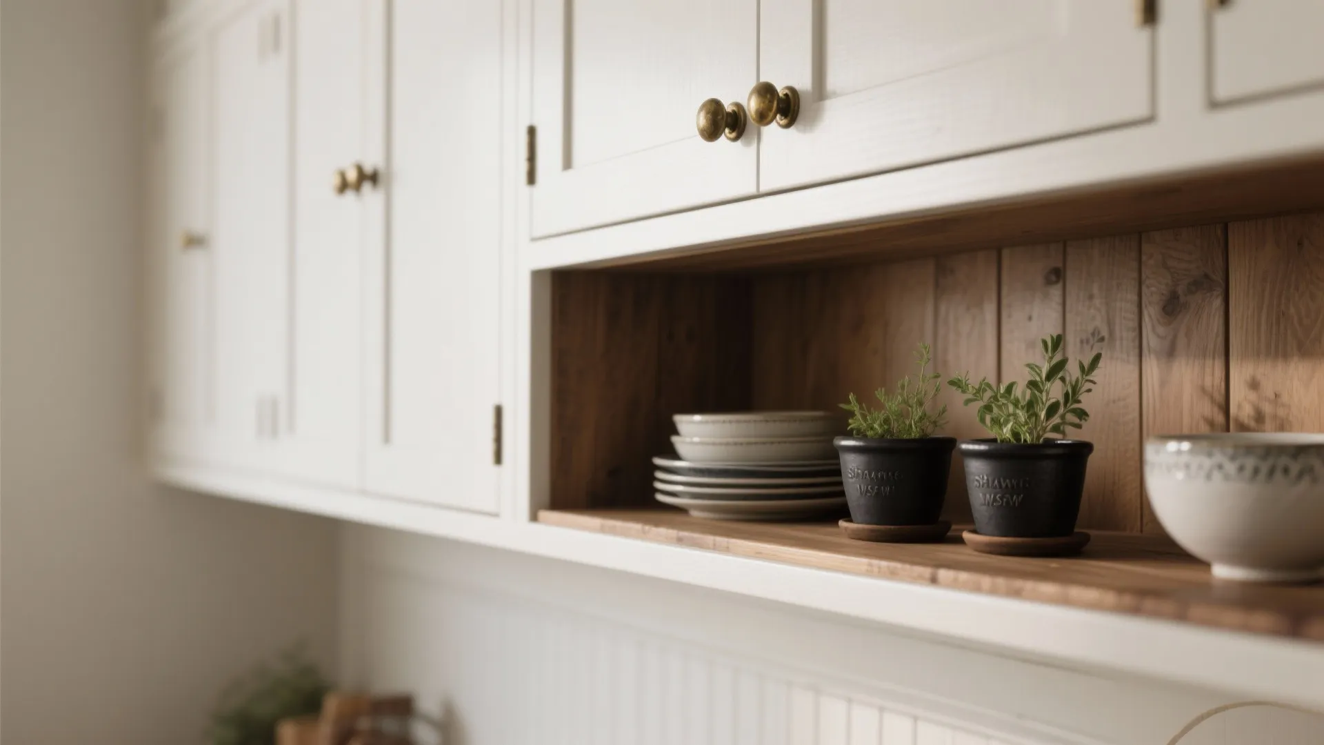 Close-up of Shaker white cabinet with matte black and aged brass hardware and warm wood shelf