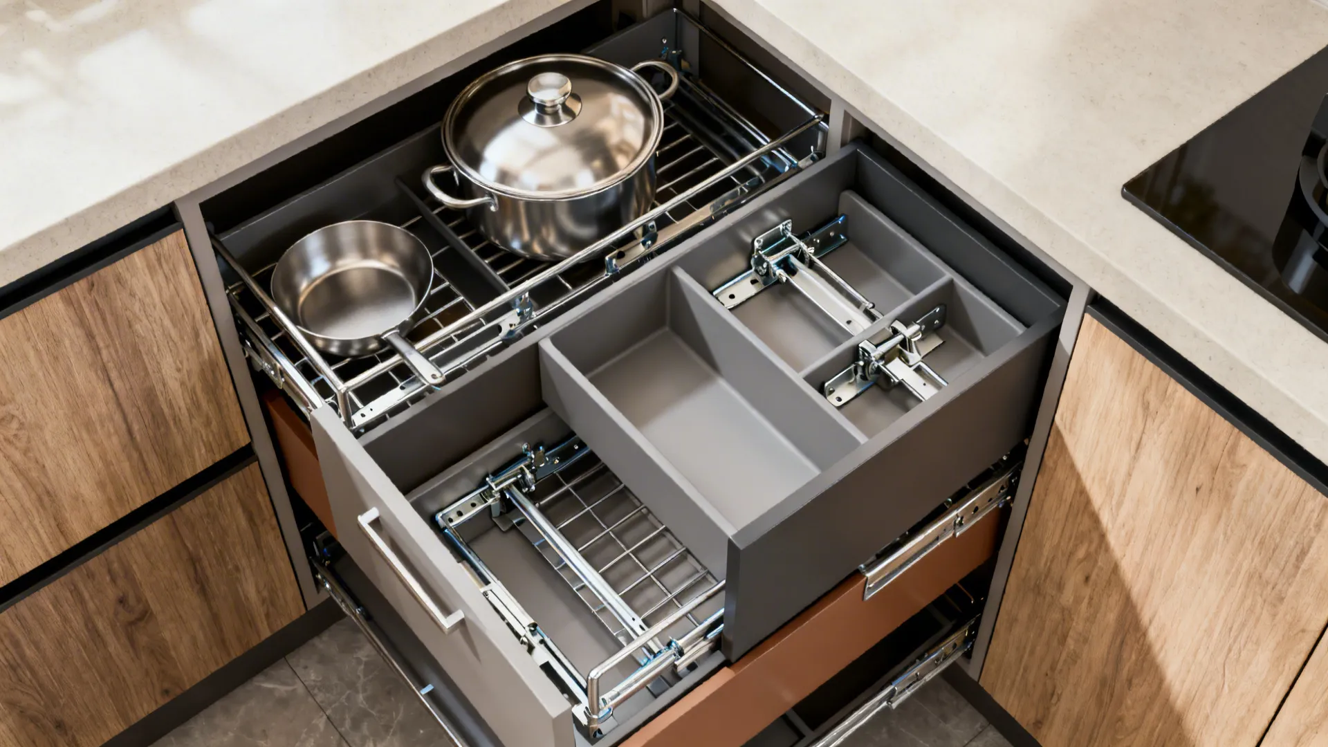 Top view of open kitchen drawers with metal organizers holding stainless steel pots and pans