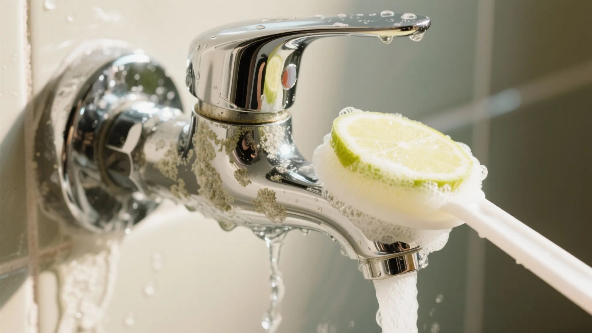 Cleaning a chrome water tap using a fresh lemon slice to remove hard water stains
