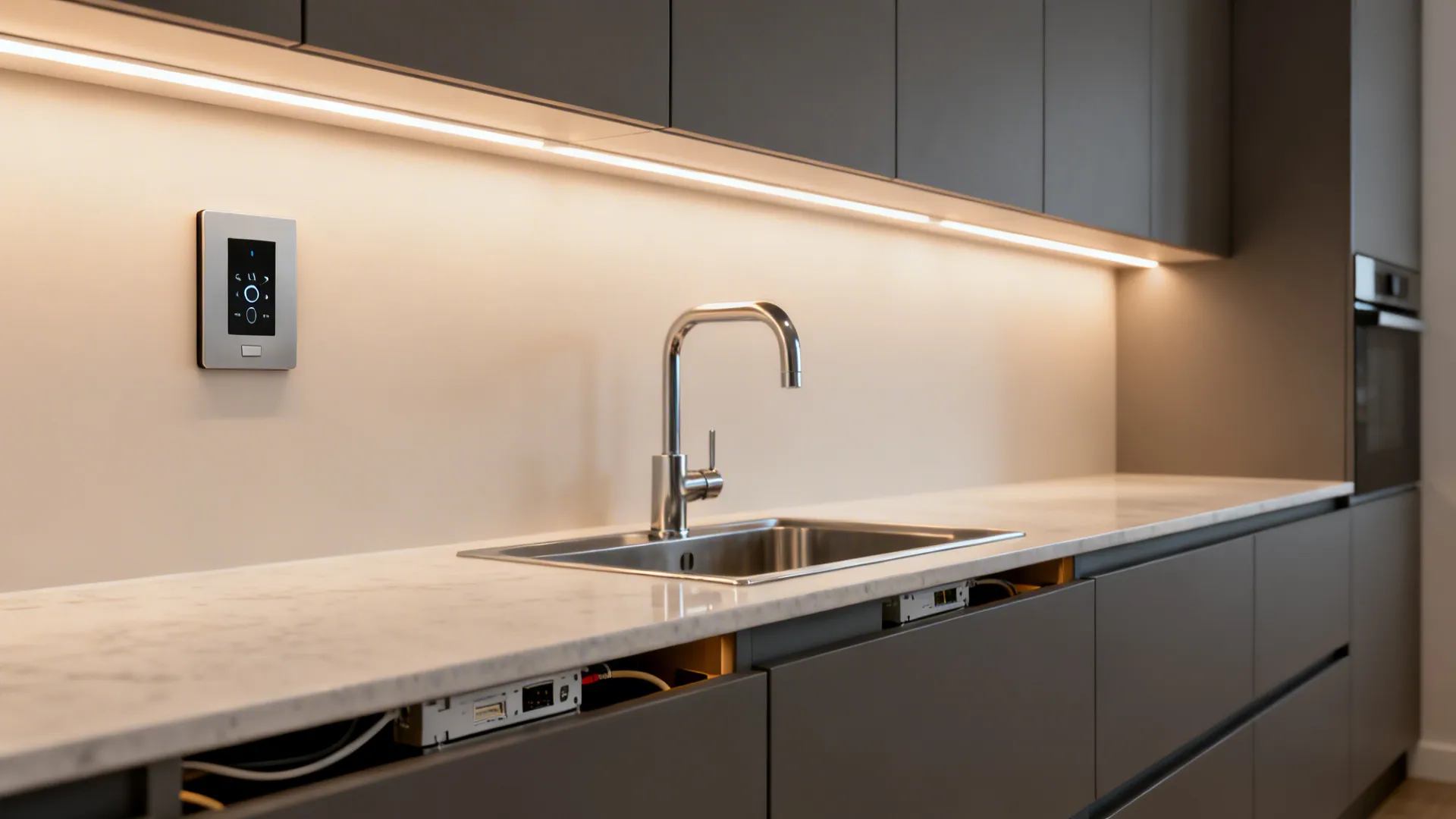 Clean kitchen with hardwired under cabinet lights controlled by a wall dimmer keypad.