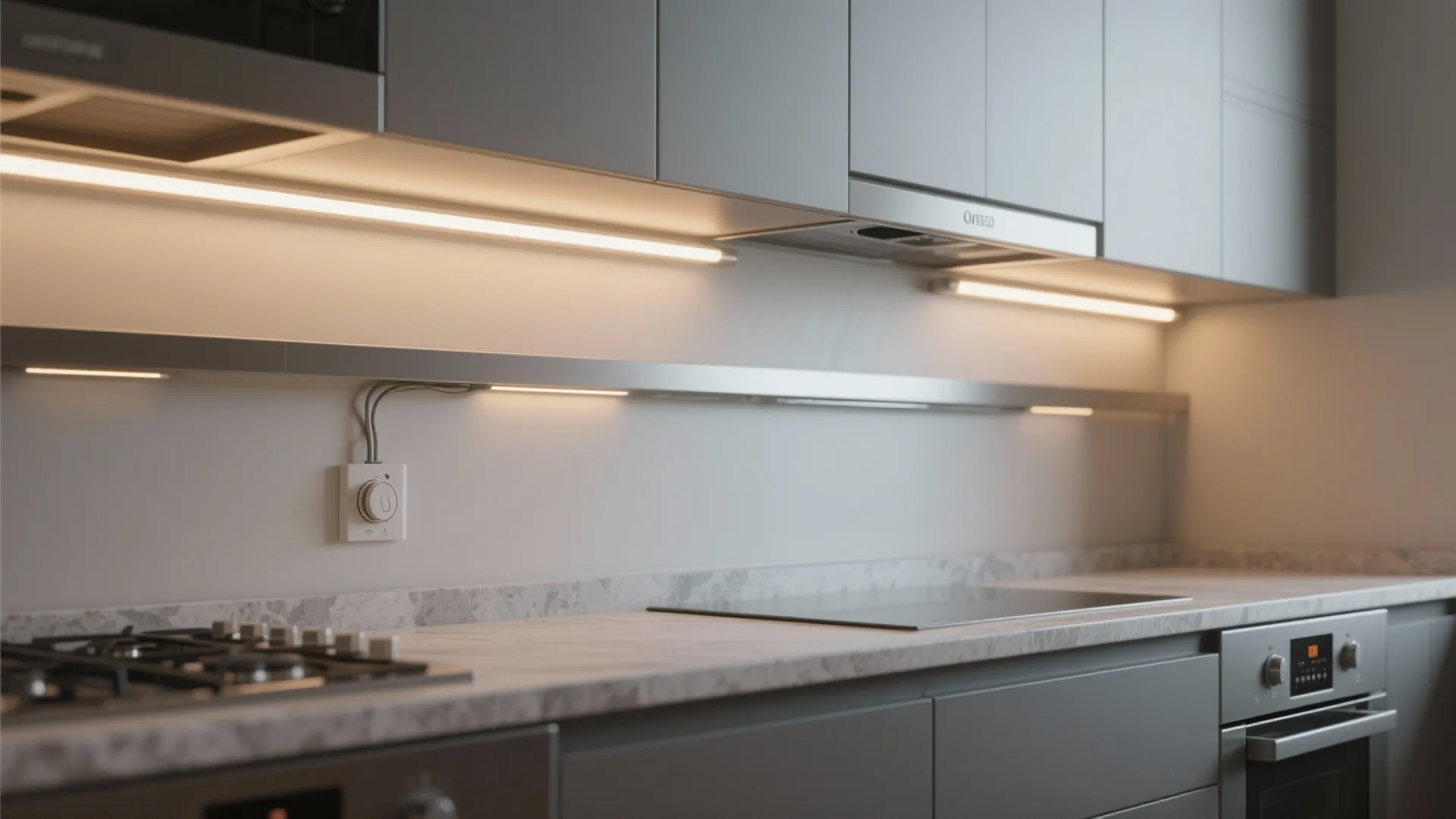 Modern kitchen with slim light fixtures under grey cabinets and a light switch on wall